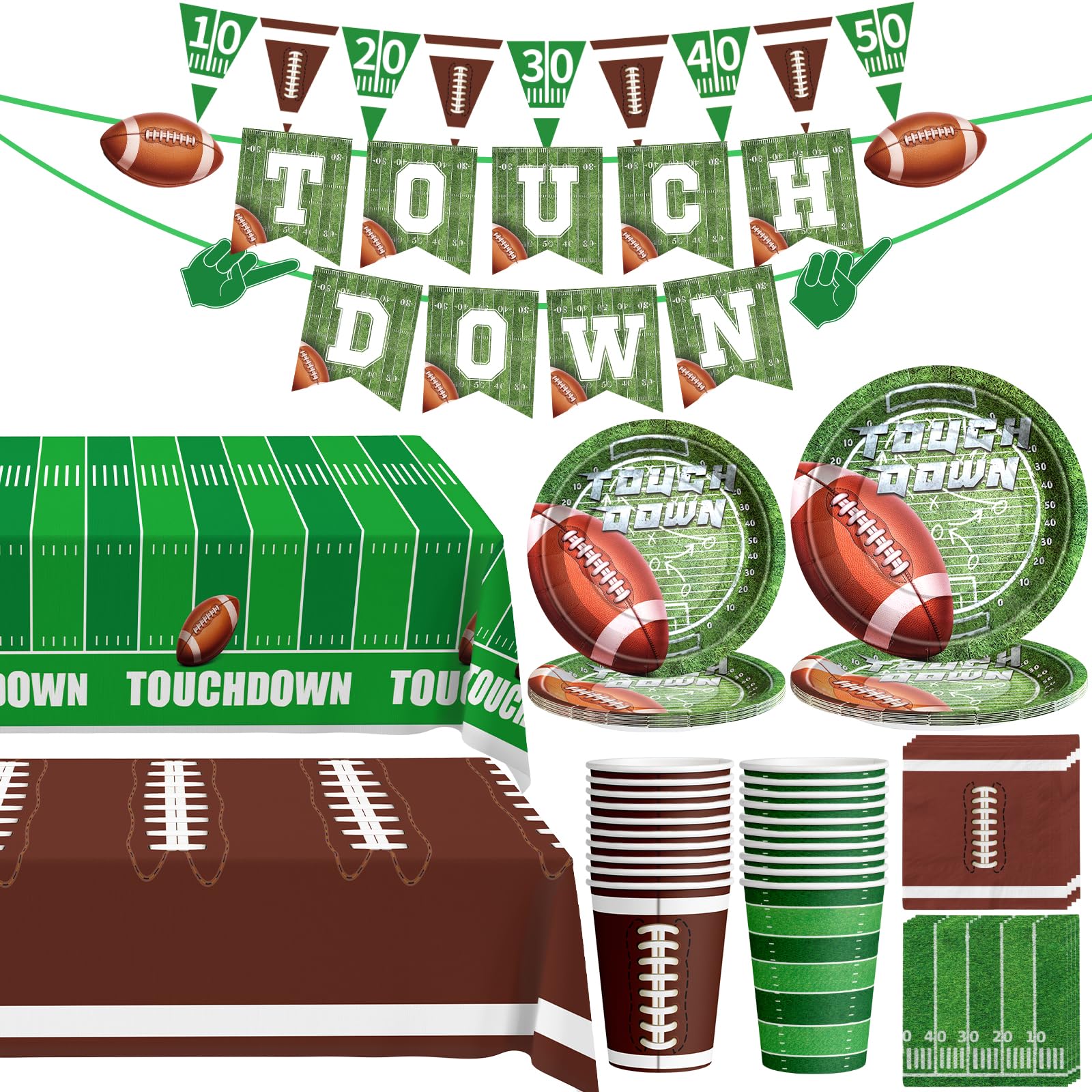 Football Party Decorations - 100 Pcs Party Supplies Serve 24, Touch Down Banner, Plates, Tablecloth, Cup and Napkins for Birthday, Game Day and Tailgate Party