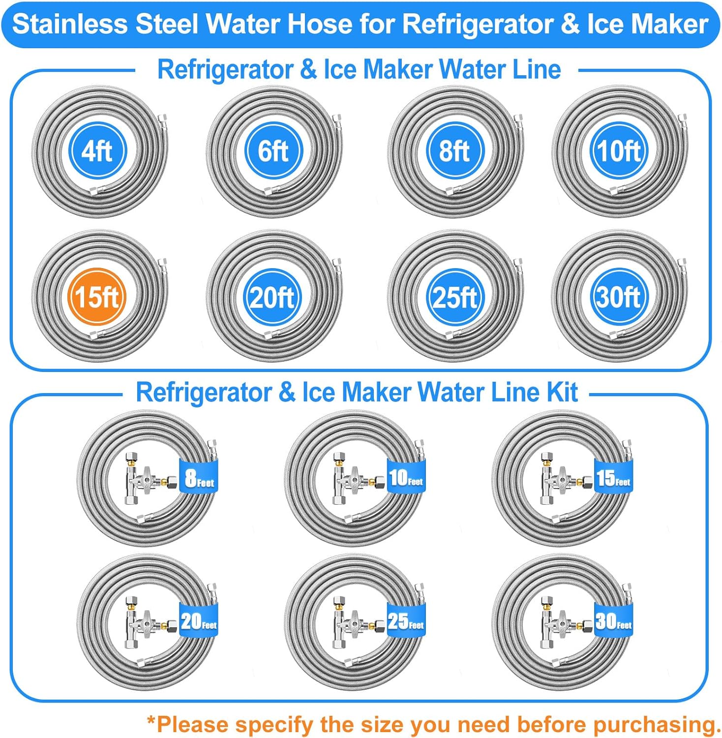 Refrigerator water line (2Pcs) - 15 FT + 25 FT Premium Stainless Steel Braided Ice Maker Water Hose,Food grade PEX Inner Tube Fridge Water Line with 1/4" Fittings for Refrigerator Ice Maker