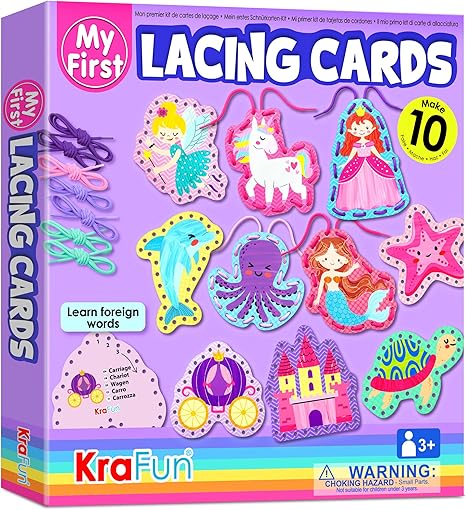 KRAFUN Beginner Unicorn My First Lacing Card Kit for Kids Arts & Crafts, 10 Easy Princess, Mermaid, Lacing Projects, Toddlers Lace Project, Fine Motor Preschool Skills Toys