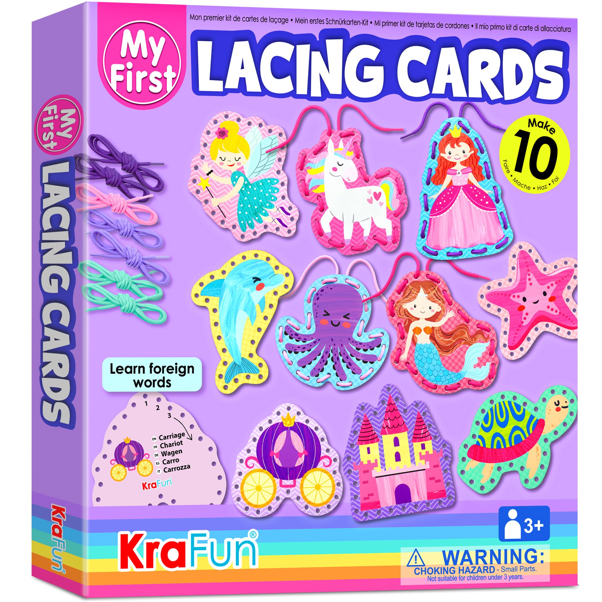 KRAFUN Beginner Unicorn My First Lacing Card Kit for Kids Arts & Crafts, 10 Easy Princess, Mermaid, Lacing Projects, Toddlers Lace Project, Fine Motor Preschool Skills Toys