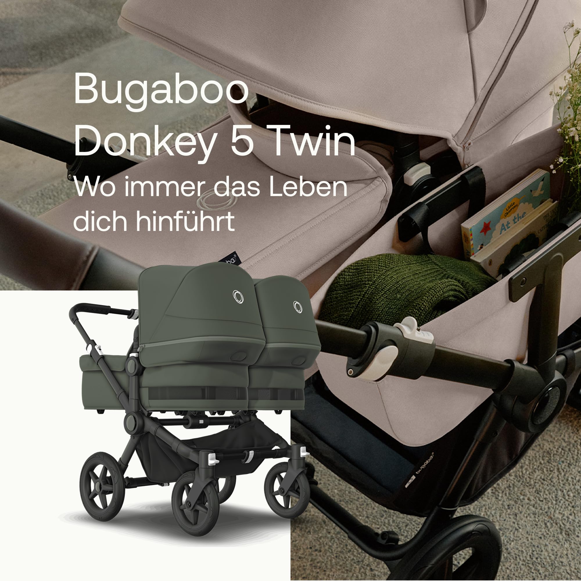 Bugaboo Donkey 5 Twin Erweiterungsset, verwandelt deinen Donkey 5 Mono in einen Zwillingskinderwagen,verbessertes Side By Side-Design, wendbarer Sitz und Ein-Hand-Steuerung, Forest Green