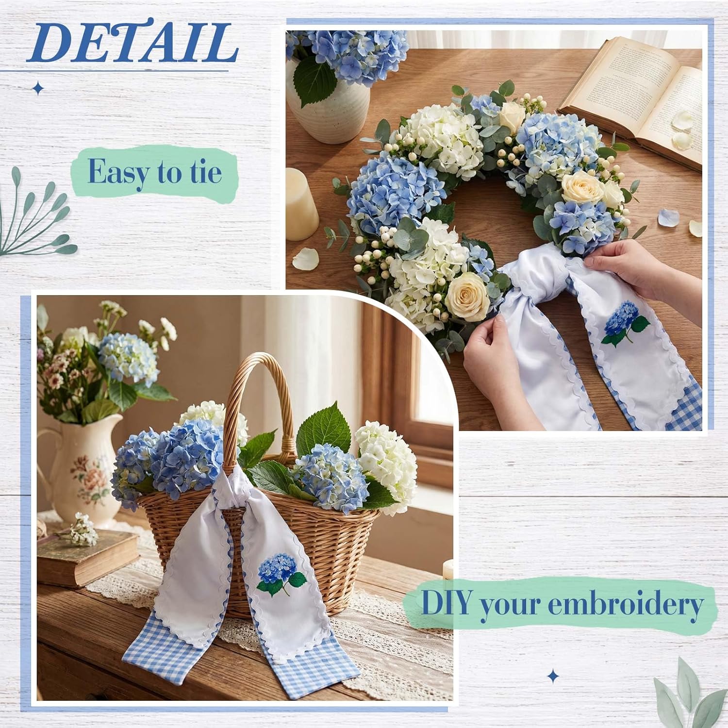 Yinder 2 Pcs Layered Wreath Sash for Front Door, Spring Hydrangea Floral Garland Ribbon for Holiday Wedding Party, RIC Rac Trim White and Blue Gingham Wreath Sash, Home Decor Indoor Outdoor