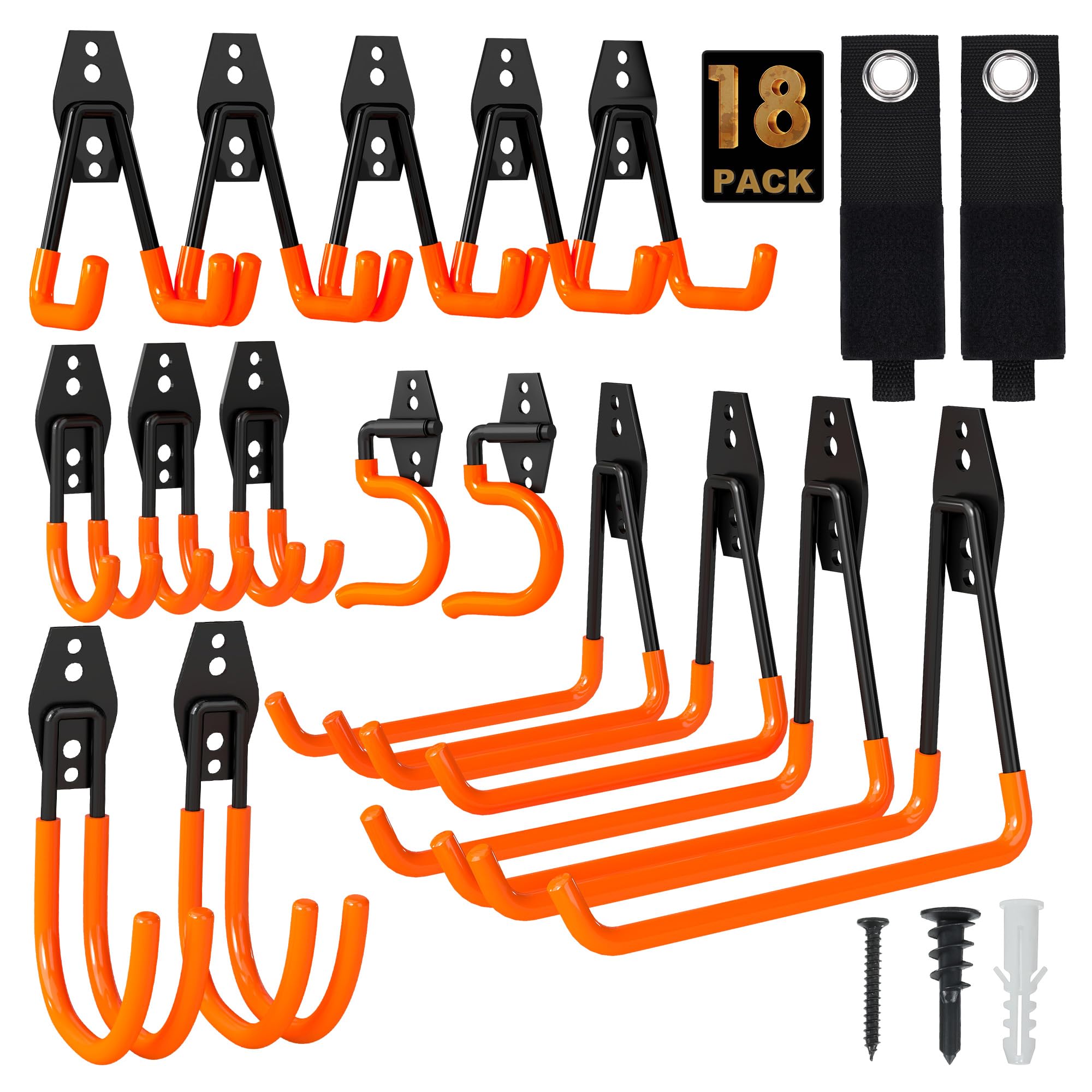 TECHSHARE Garage Hooks, 18 Pack Heavy Duty Hooks, 6 Sizes Shed Hooks for Garden Tools, Ladder Hanging, Garage Storage(Orange Wall Hook)