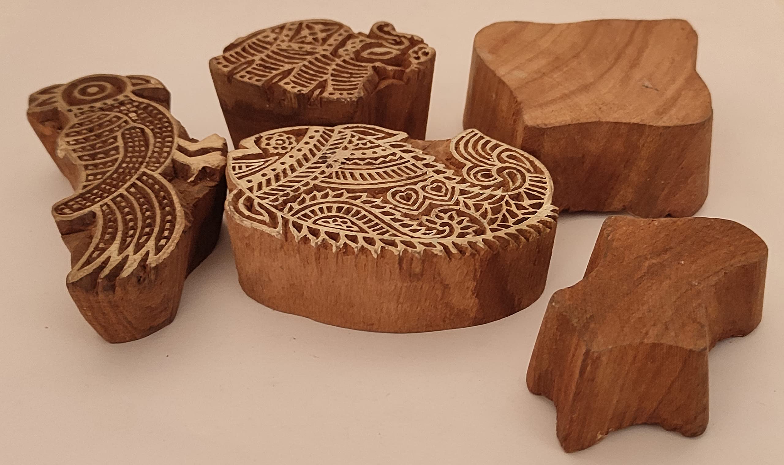 Sharvgun Juego de 5 sellos de animales, bloques de impresión de madera, arte artesanal, tela, diseños de impresión, sellos decorativos, arte curvado a mano, sello de madera