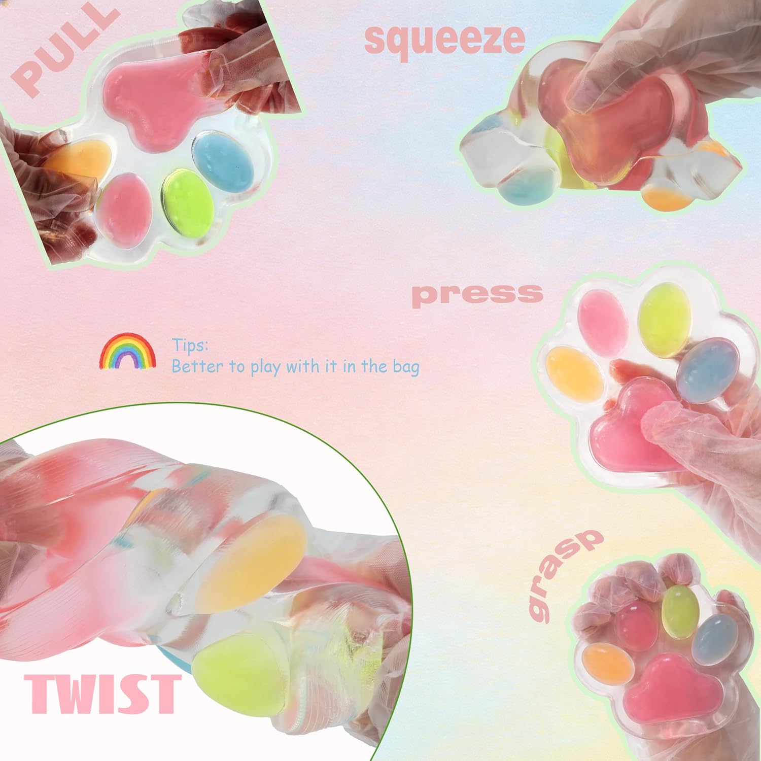Large Cat Paw Taba Squishy Squeeze Toys 5-inch Pink Cute Fufu Squishy Sensory Stress Relief Fidget Toys for Party Favors Sensory Anxiety Toys for Adults (4-Color Rainbow)