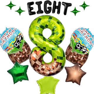 40in Giant Green Pixel Miner Number 8 Foil Balloons Set, 17Pcs Large MIning Balloons Video Game Themed Party Decorations Supplies for Kids' 6th Birthday Anniversary Party