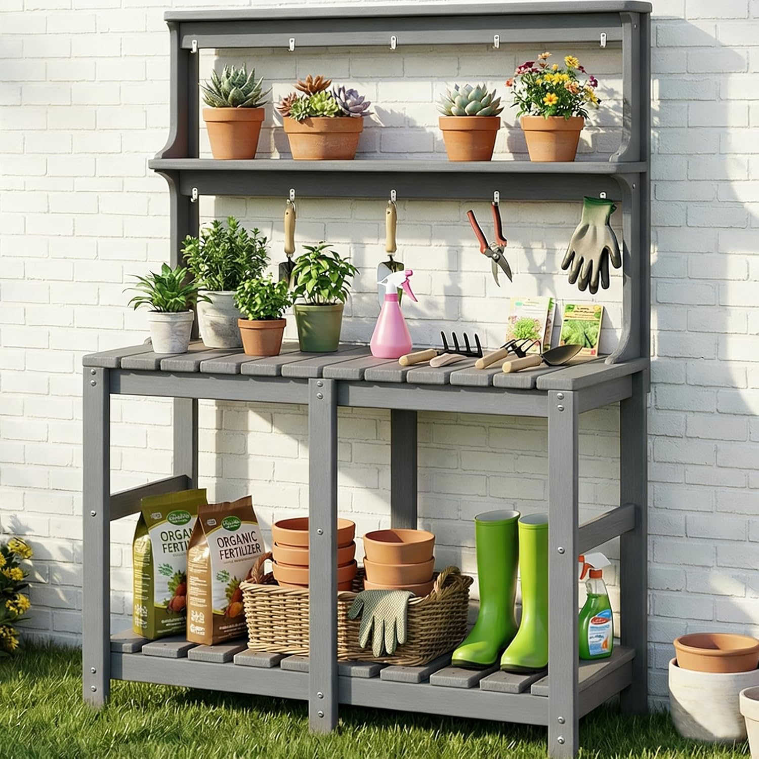 Outdoor Potting Bench with 3 Tier, All-Weather Patio Potting Table with Tool Hooks, HDPE Gardening Table for Backyard, Garden, Brown