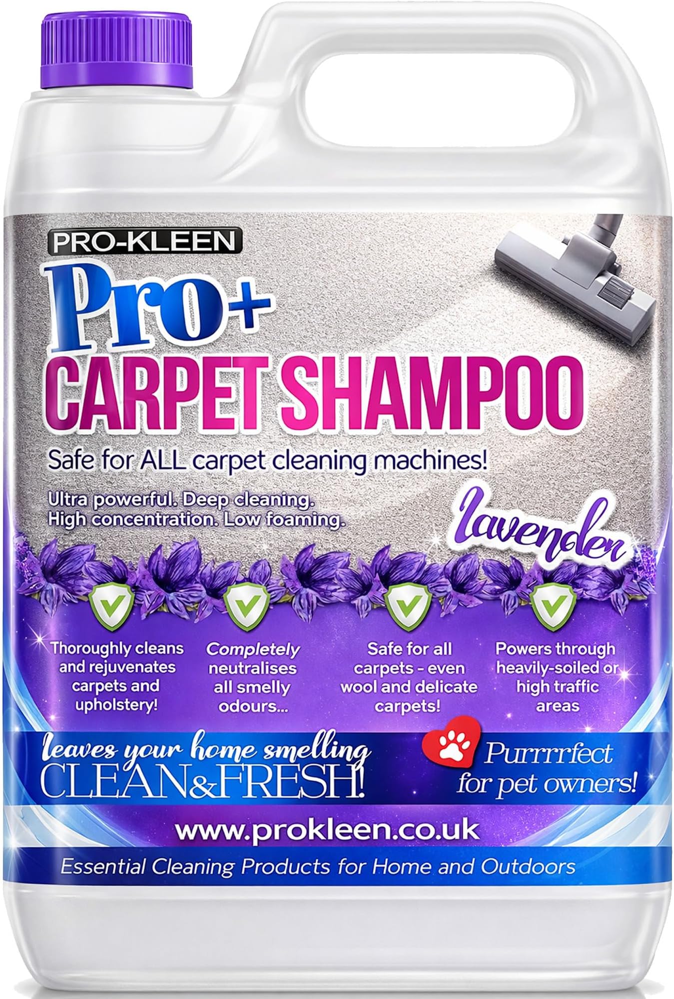 Pro-Kleen Pro+ Carpet and Upholstery Cleaning Solution Shampoo – 4 in 1 Concentrate – Suitable for All Machines 5L (Lavender)