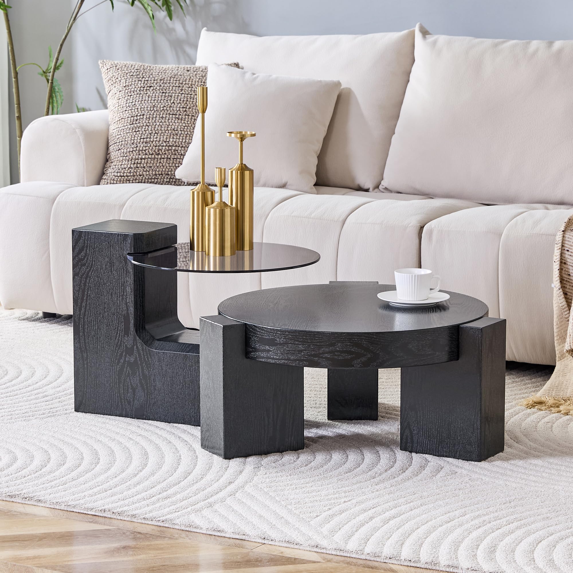 Table basse en verre de sécurité gris et bois noir au design minimaliste