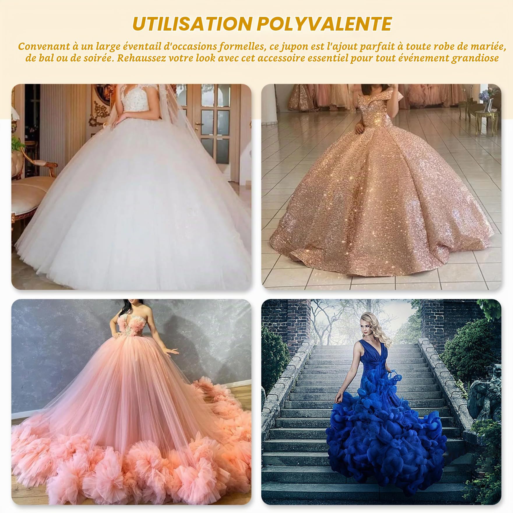 Jupe Jupon 6 cerceaux sous-Juge en Tulle Jupon de 43 Pouces de Long pour Les Femmes sous la Jupe de Cerceau de mariée réglable pour la Robe de Mariage
