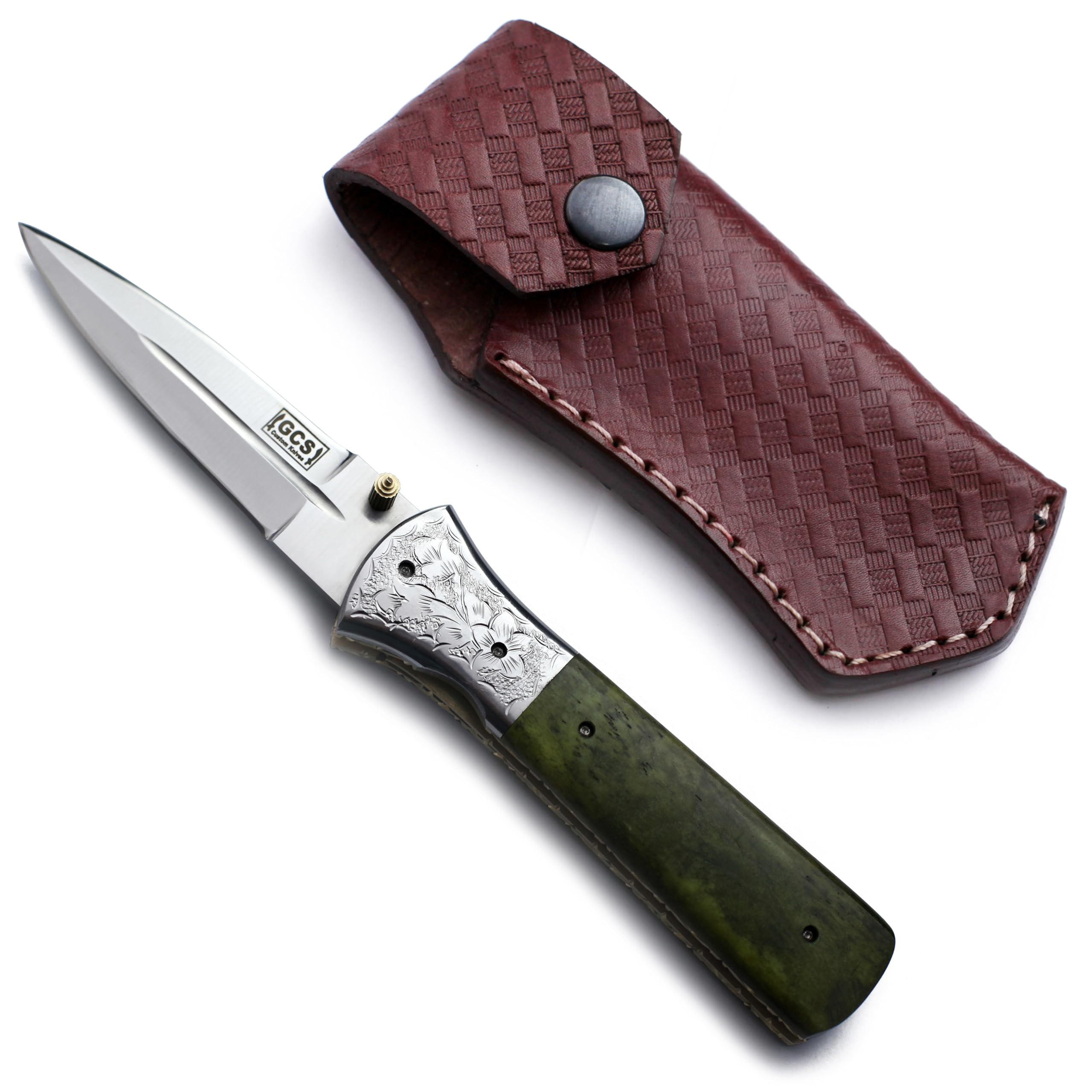 GCS Handmade D2 Steel Handmade Folding Pocket Knife – Tactical EDC Gear for Hunting, Camping, Survival, and Fishing – Full Tang D2 Steel Handle with Buffalo Hide Leather Sheath EDC-GCS 967