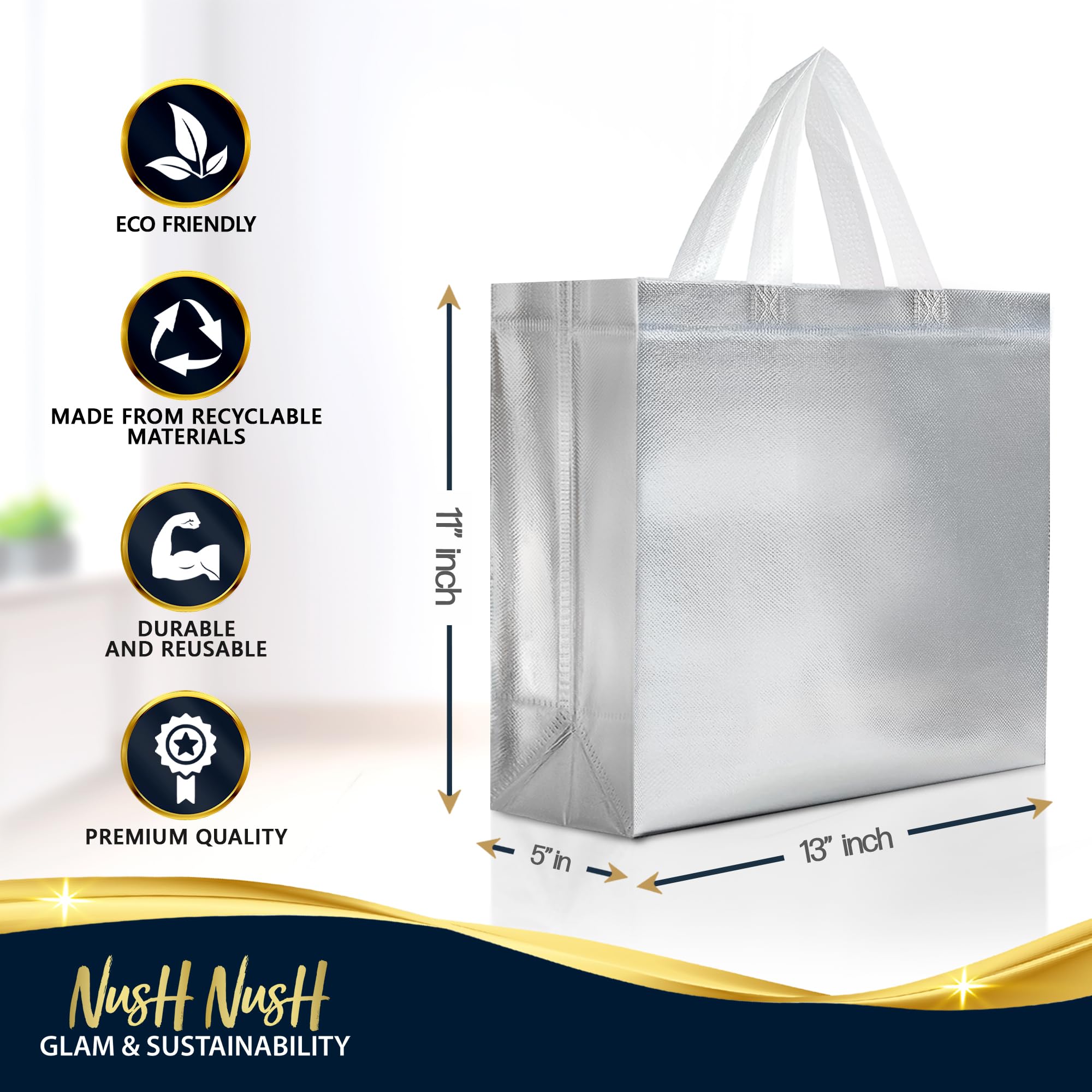 Nush Nush Silver Gift Bags Large Size - Set of 15 Reusable With White Handles - Perfect for Christmas, Goodie, Birthday, Party Favor - 13Wx5Dx11H