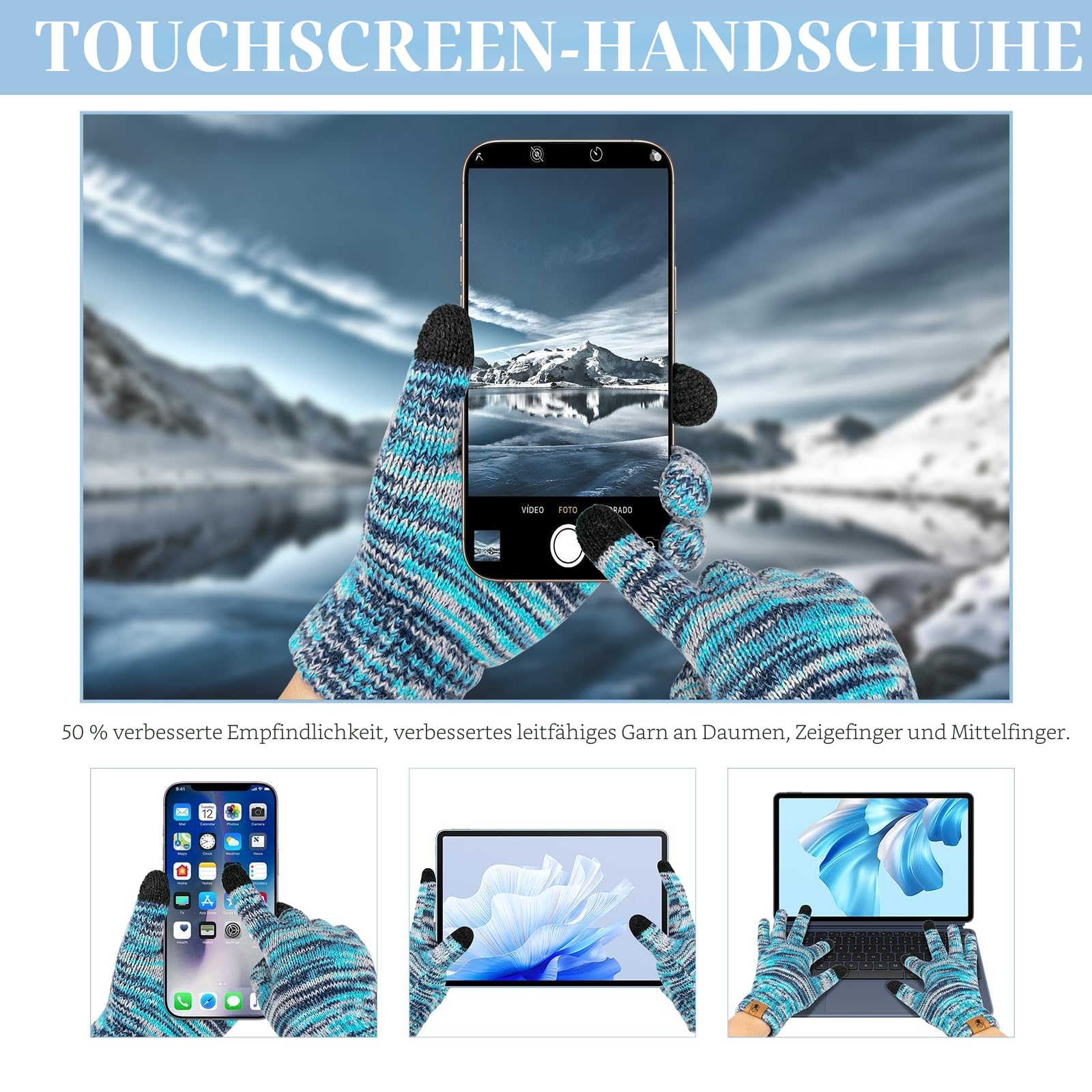 Mütze Schal Handschuhe Set Winter Weich Warm Pelzgefütterte Bommelmütze Langer Schal mit Quaste und Touchscreen Handschuhe Set 3-teiliges Melange Gestrickt Damen Unisex