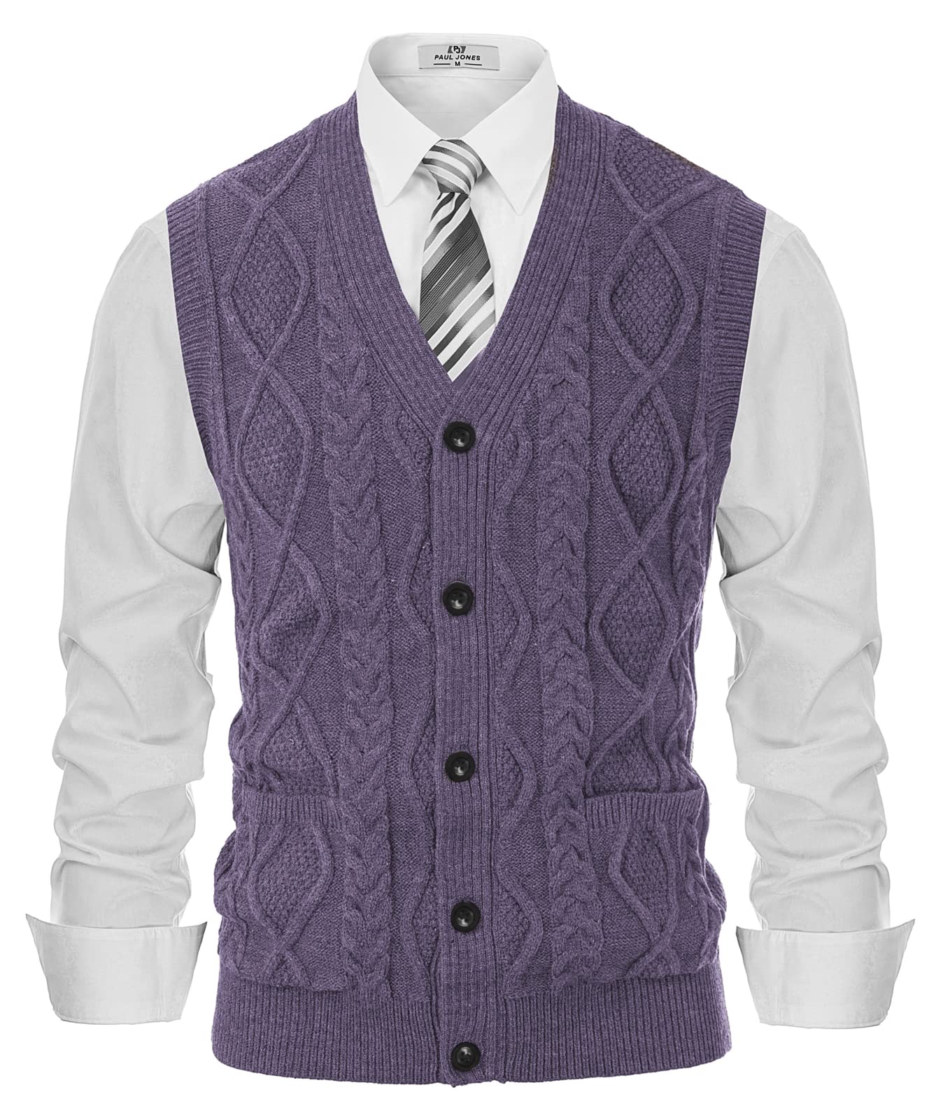 PJ PAUL JONES Mens Cable Knit V Neck Sweater Vest Button Up