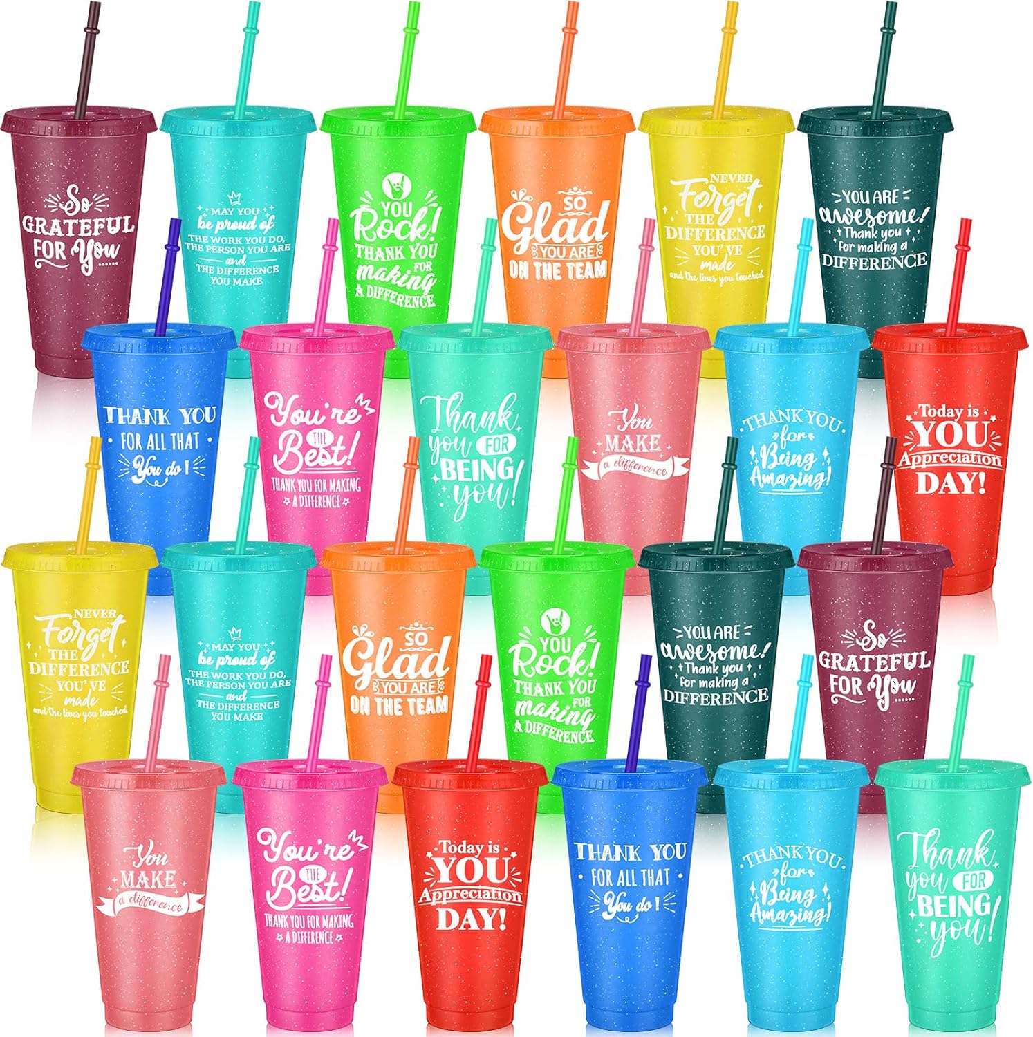 24 Pcs Employee Appreciation Gifts Thank You Cups Bulk with Lids and Straws 24 oz Inspirational Plastic Tumblers Glitter Drinking Coffee Mugs for Coworker Staff Gifts (Considerate)
