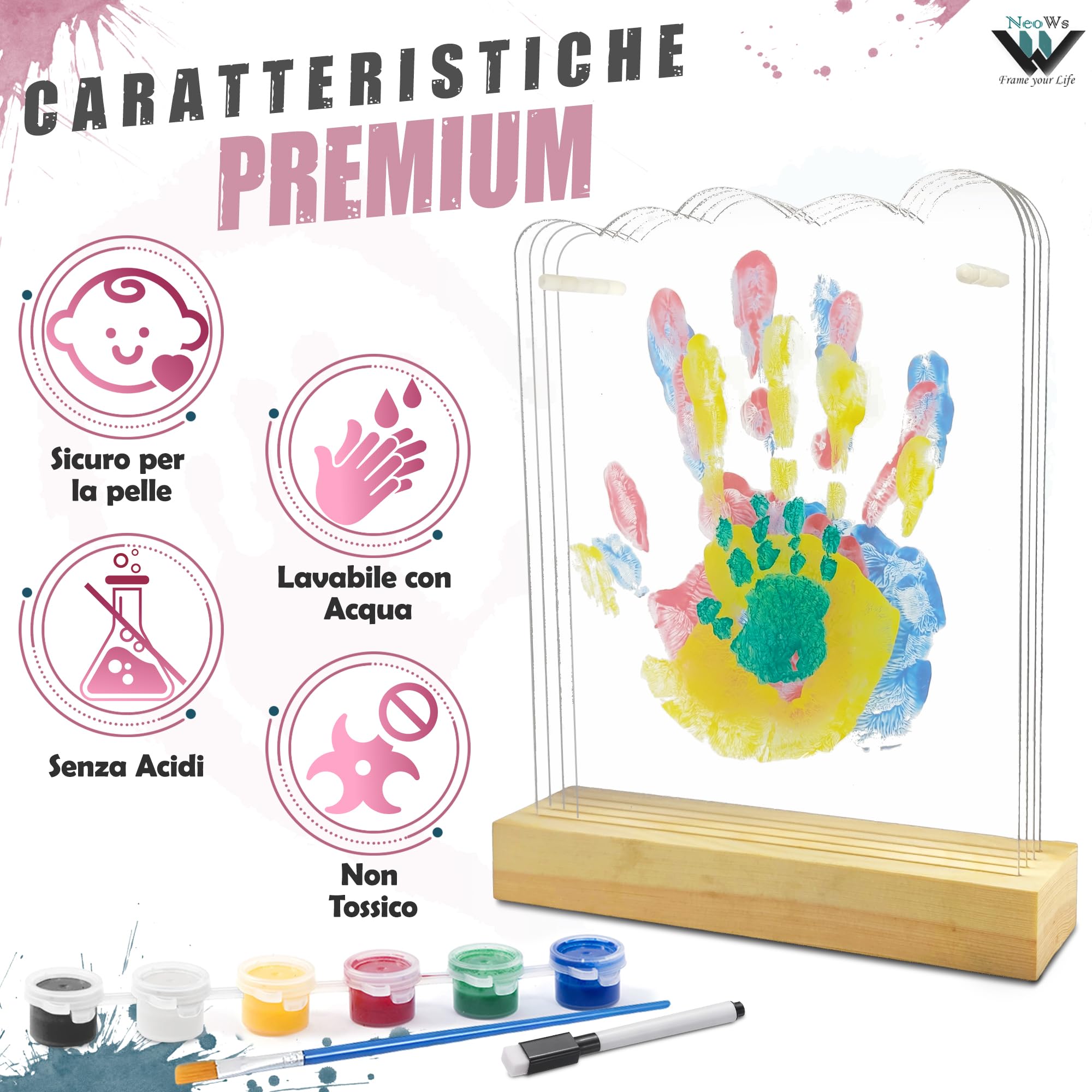 Kit impronte Mani Famiglia Con Base in Legno e Foglie a Forma di Nuvola per 4 Persone, Cornice Personalizzata per Dipingere le Mani del Bambino e Genitori Idee Regalo Originali Ricordi per Nonni