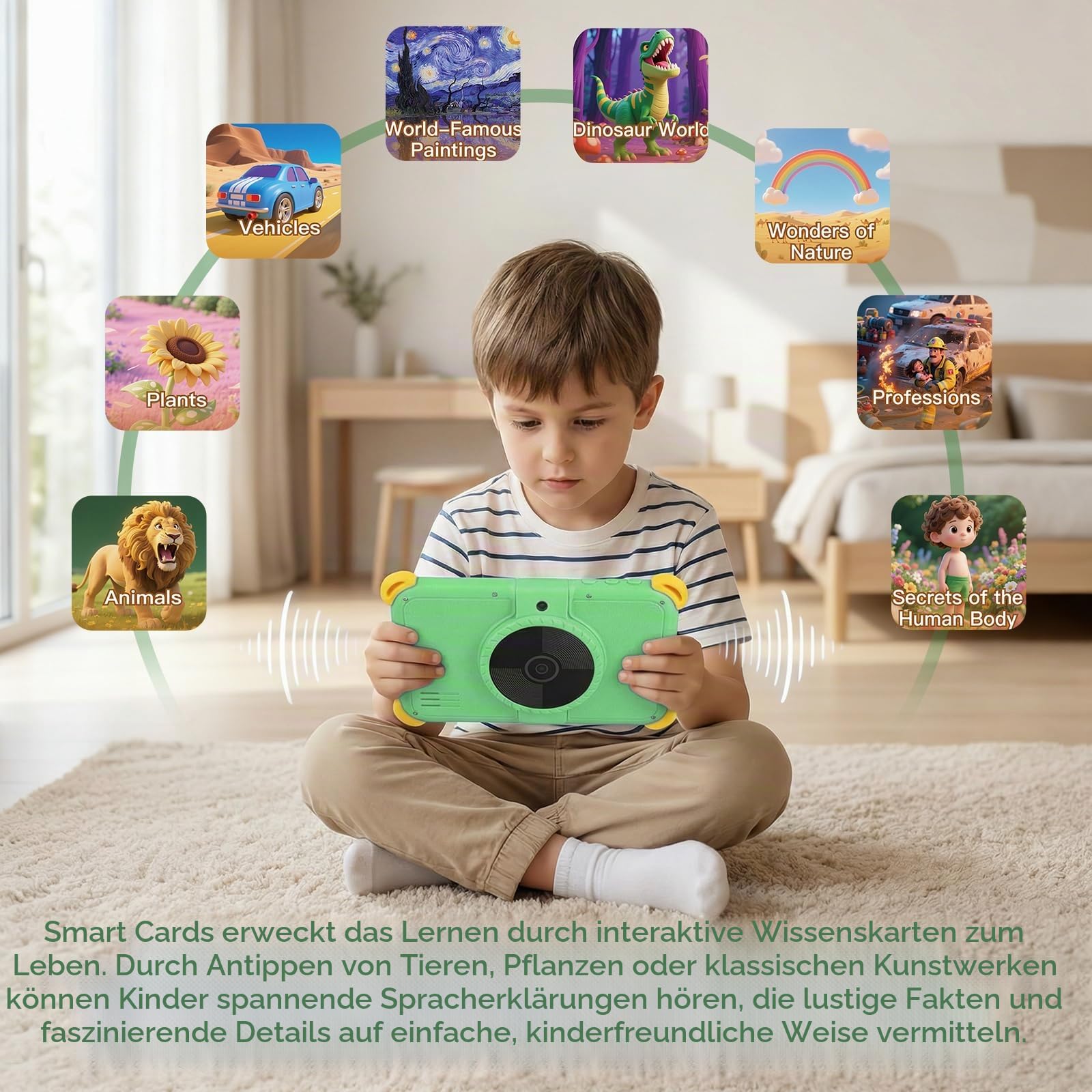 Kinder Tablet 7 Zoll Android 15, 20GB RAM 64GB ROM (1TB Erweiterbar), Penta-Core, WiFi 6, BT5.4, Widevine L1, KI Kamera&Lernfunktionen, Elternkontrolle, Kids Tablet mit Eva Hülle & OTG, Grün