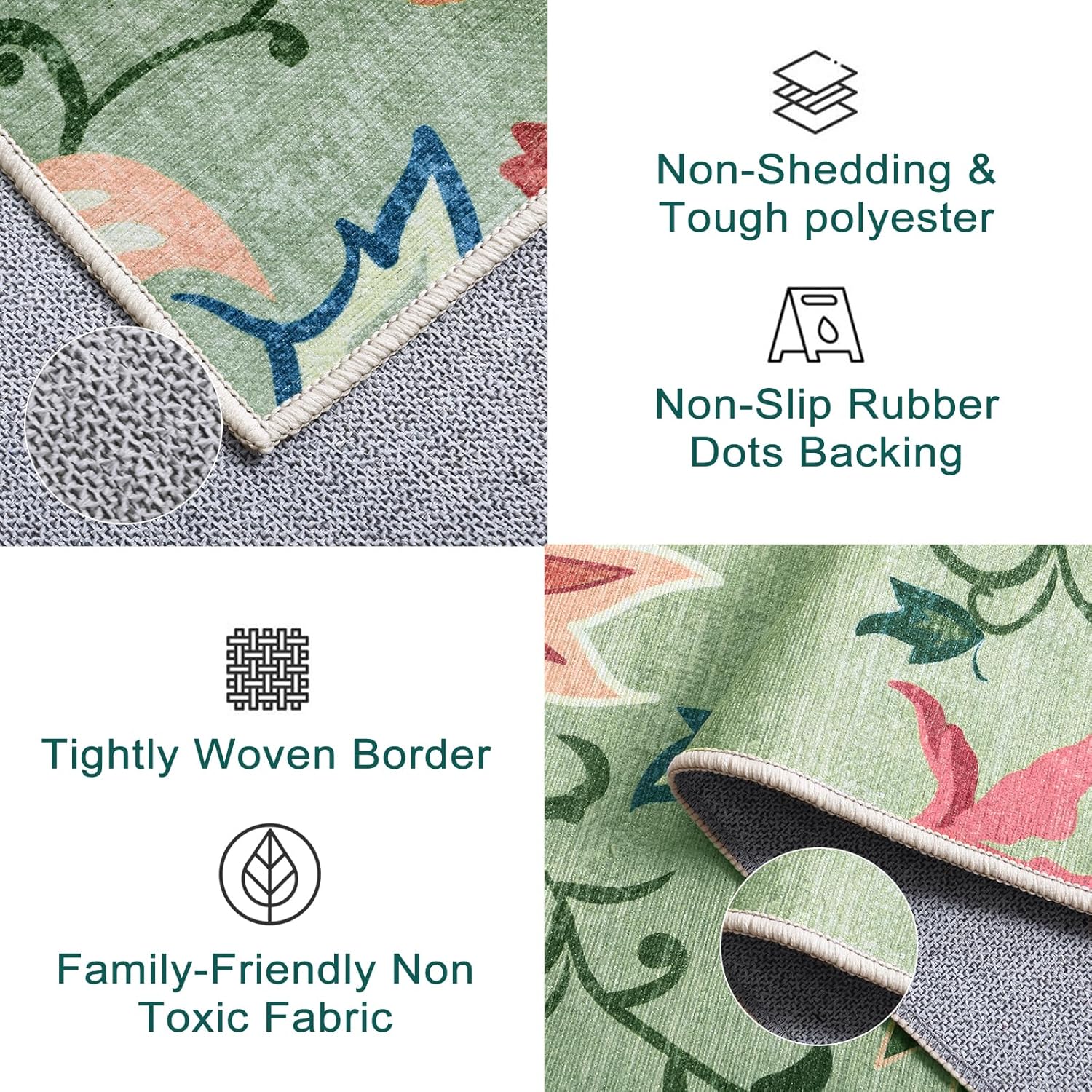 Beeiva Floral 2x3 Washable Rug Non Slip, Ultra Thin Door Mat Indoor Entrance for Kitchen, Non Shedding Green Rug Carpet Entry Way Bedroom Beside Bathroom (Light Green,2'x3')