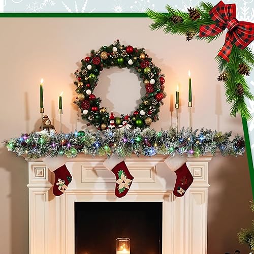 Miniatura 6 de Guirnalda de Navidad de 16 pies con 4 luces LED preiluminadas, guirnalda de cedro de piña, funciona con pilas, decoraciones de Navidad artificiales