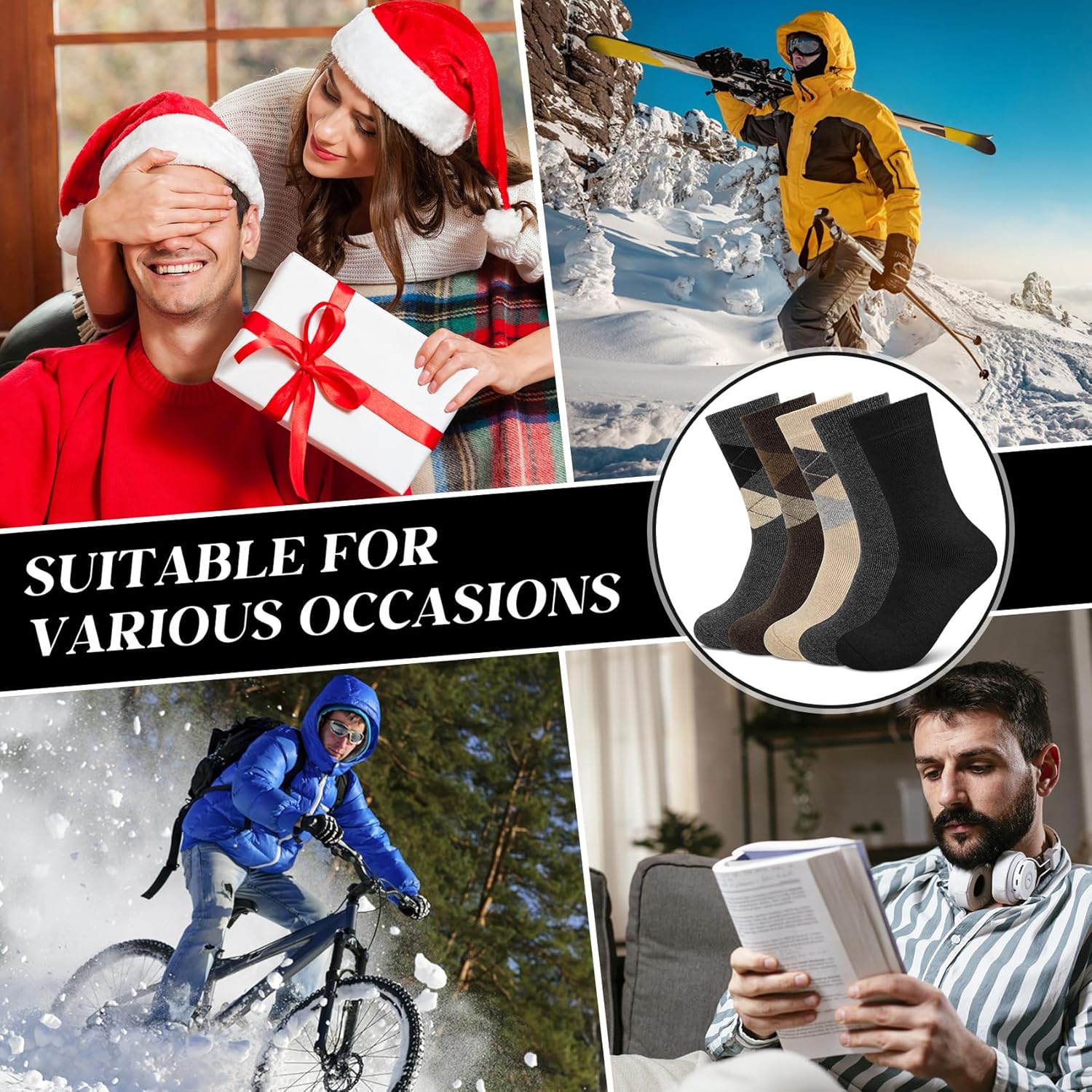 5 Pairs Mens Wool Socks Christmas Gift Box, Boot Thick Warm Crew Thermal Men Socks for Winter Exquisite Xmas Box Mix5