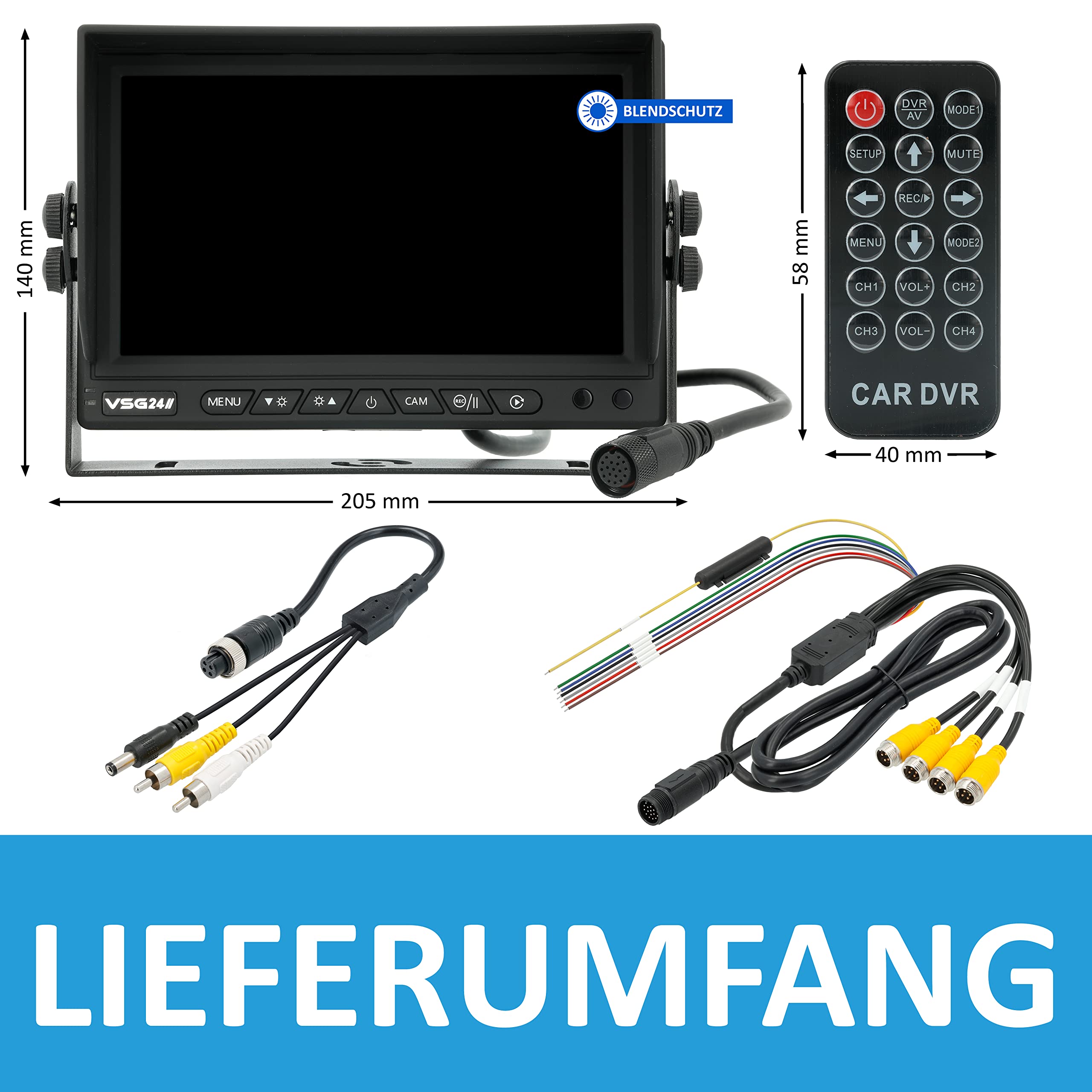 VSG24 Rückfahrmonitor MULTISCREEN HD – 1080P Monitor für Rückfahrkamera mit Split-Screen, Loop-Aufnahme, Rückspiegelfunktion, Trigger, 4 Kamera Eingänge, Einparkhilfe für Auto, LKW, Wohnmobil