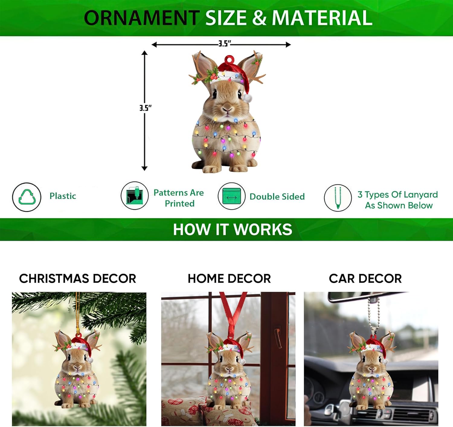 Talataca Rabbit 2D Flat Christmas Ornament, Bunny Wearing Christmas Hat Reindeer with String Lights Pine Tree Decor, Hanging House Charm Eve Keepsake, Car Rear View Mirror Accessories, Xmas Gift - Image 2