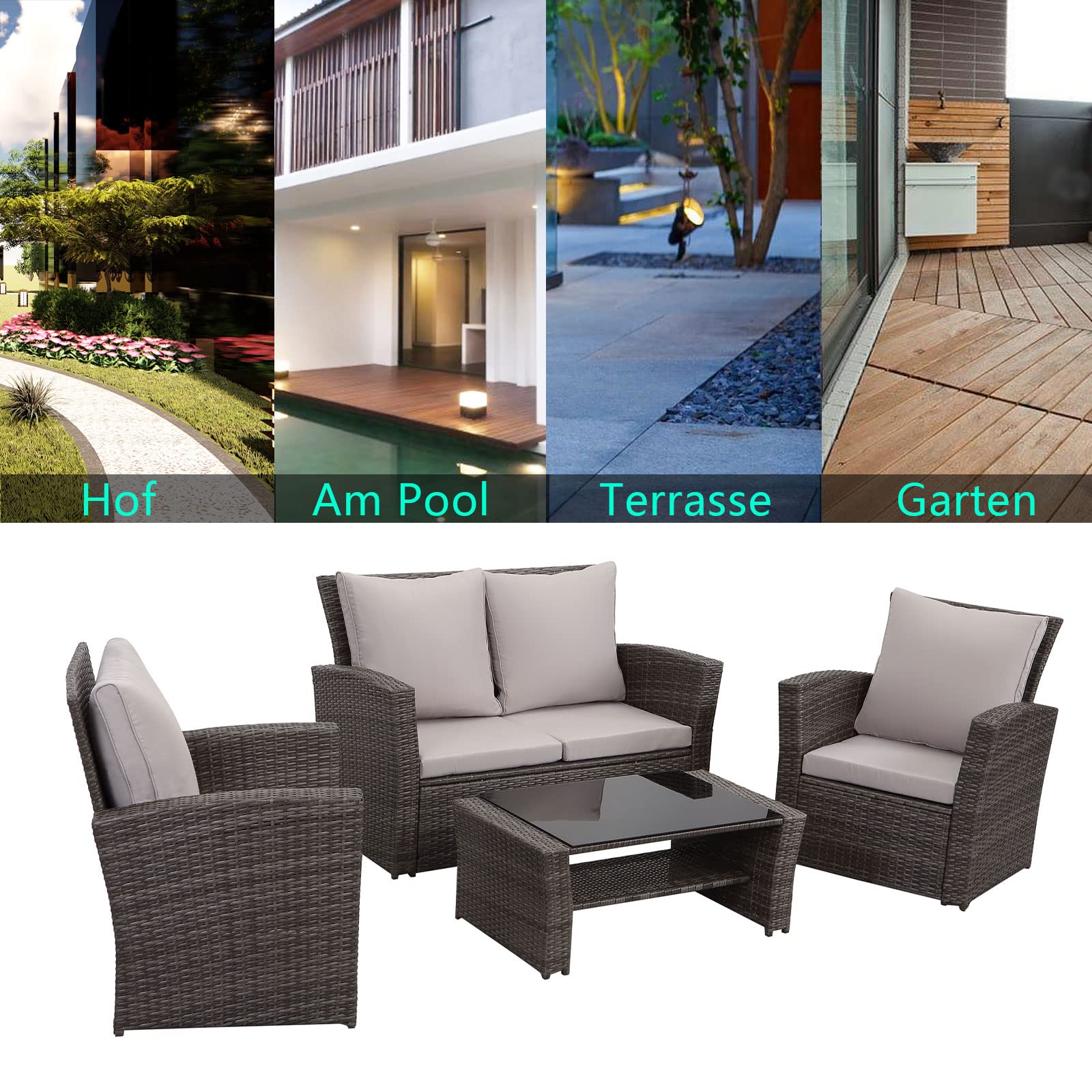 GLP Balkonmöbel Set 4 Personen Polyrattan Gartenmöbel Set Lounge Terrassenmöbel Wetterfest mit 2-Sitzer Sofa Sessel Couchtisch Auflagen Kissen für Garten Balkon Terrasse Outdoor (Grau & Hellgrau)