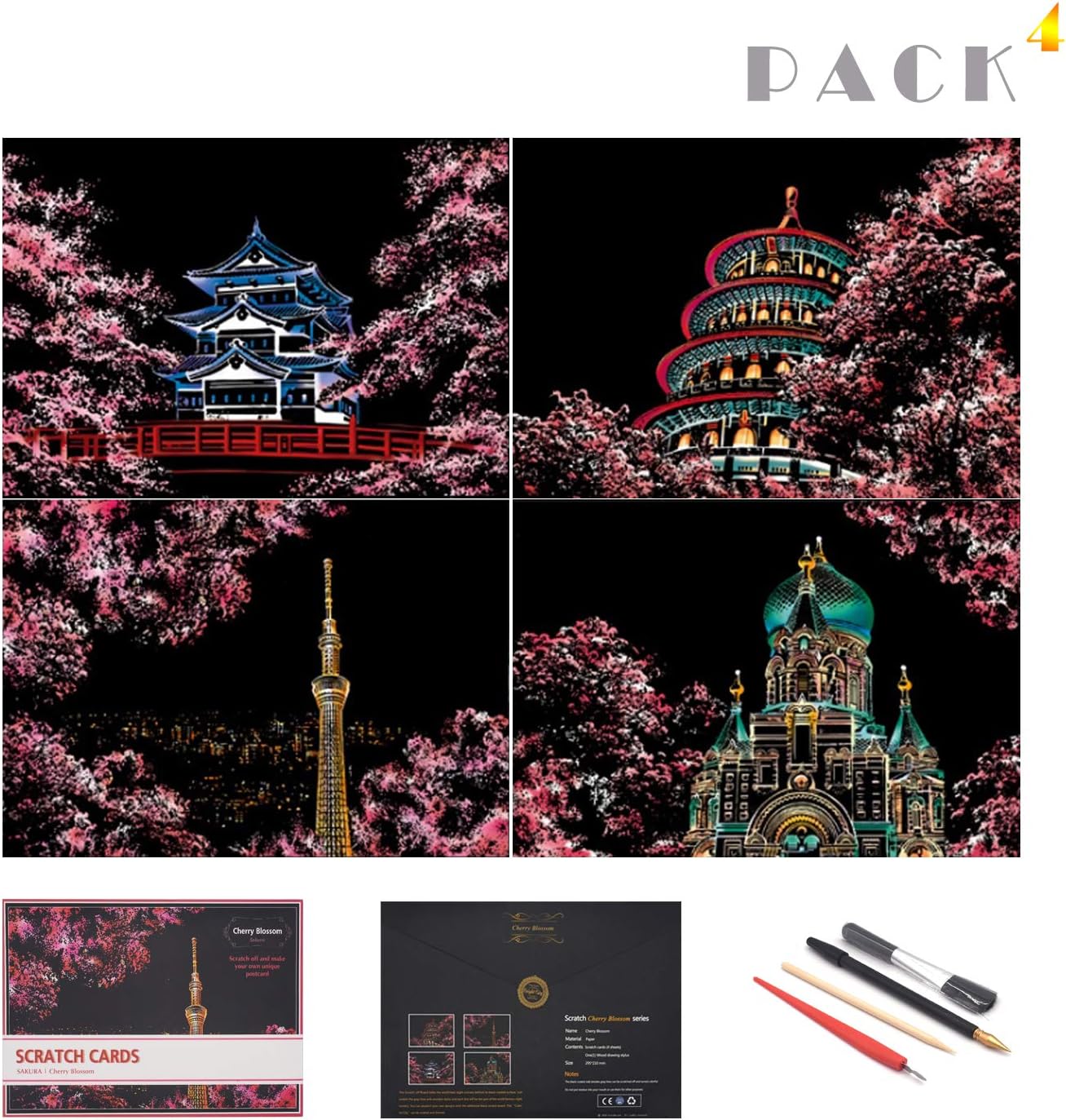 BOTEENScratch Paper Rainbow Painting Sketch, City Series Night Scene,Scratch Painting Creative Gift,Scratchboard for Adult and Kids,with 4 Tools,Size:11.7''x8.3''(A4) blue BTN-Scratch art-00011
