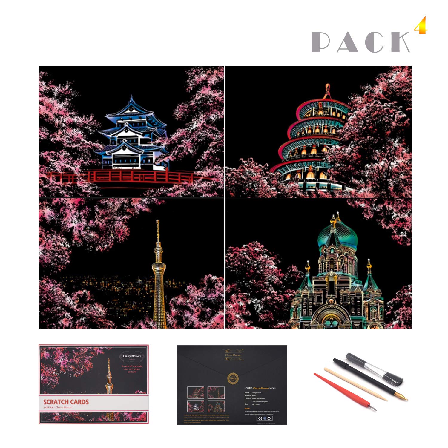 BOTEENScratch Paper Rainbow Painting Sketch, City Series Night Scene,Scratch Painting Creative Gift,Scratchboard for Adult and Kids,with 4 Tools,Size:11.7''x8.3''（A4） blue BTN-Scratch art-00011