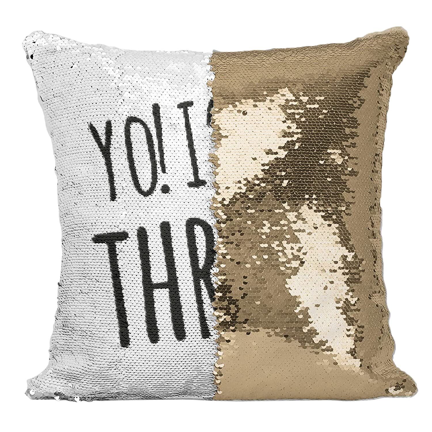Coussin Housse Sequin Paillettes Doré Anniversaire Cadeau Anglais Yo Three