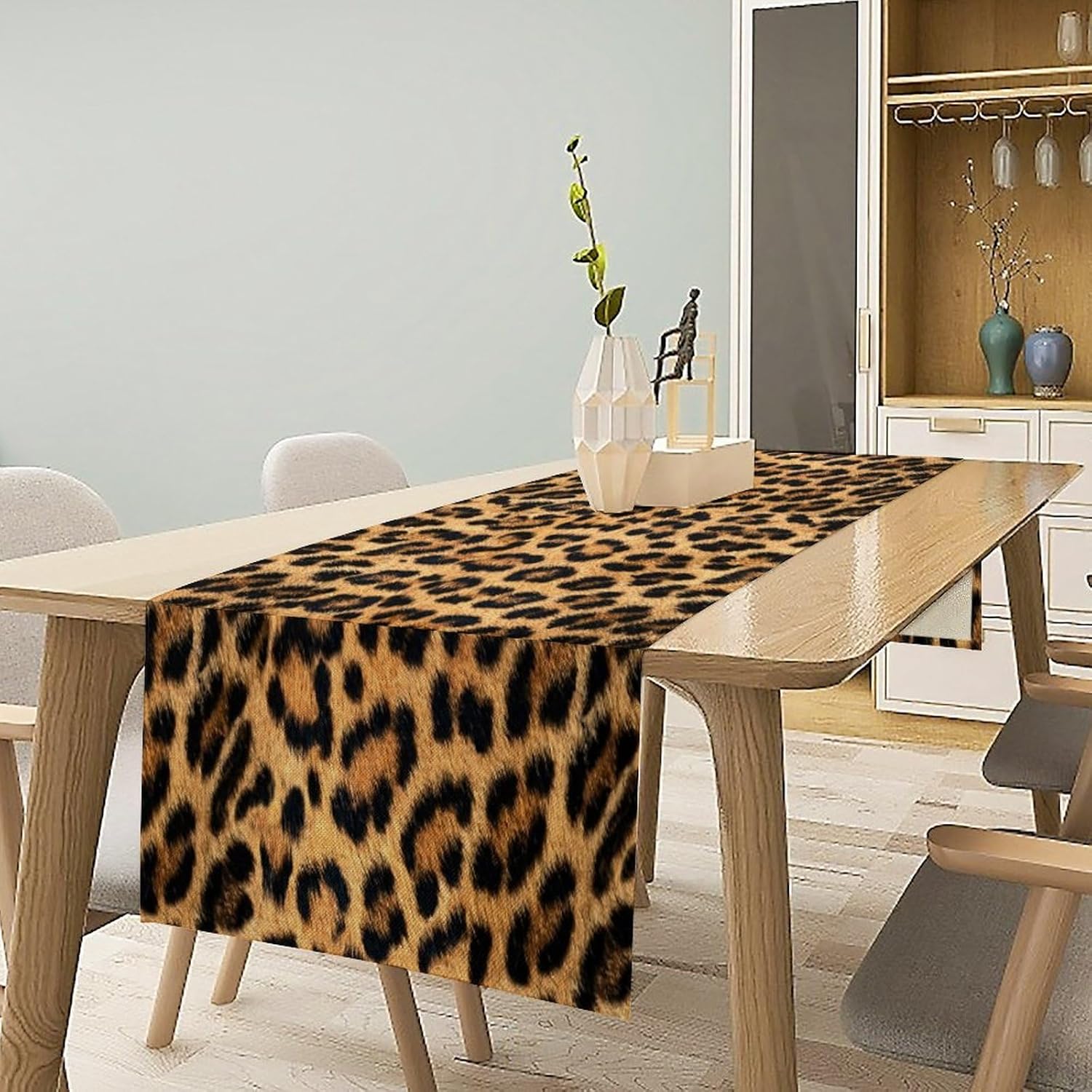Leopard Skin Print Table Runner, Vintage Cottage Country Farmhouse Wildlife Brown Safari Animal Skin Dinner Runner for Home Kitchen Dining Table Party Holiday Decor 13x120in