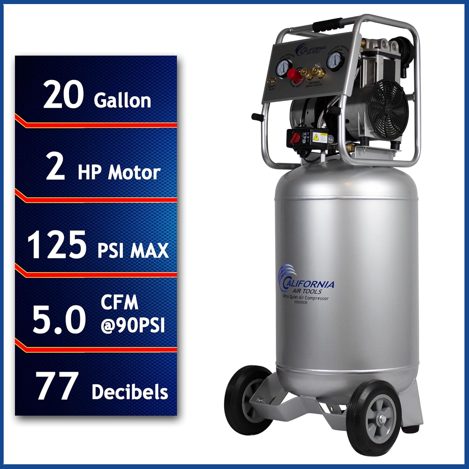 CALIFORNIA AIR TOOLS 20020CR-22060 Ultra Quiet & Oil-Free Continuous Run 2.0 Hp 20 Gallon Air Compressor