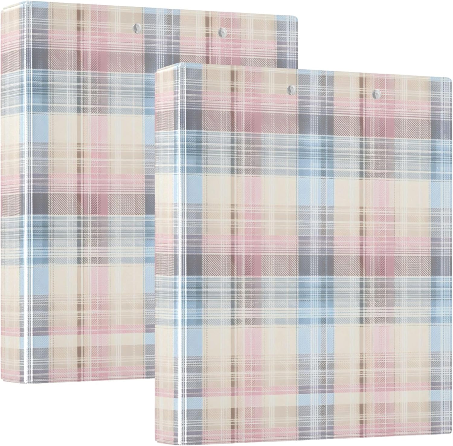 Colorful Plaid 3 Ring Binders, 1.5” Round Ring Binders with Clipboard - Letter Size, 3 Interior PVC Clear Pockets & Anti-Slip Clip for Office School Supplies, 2PCS
