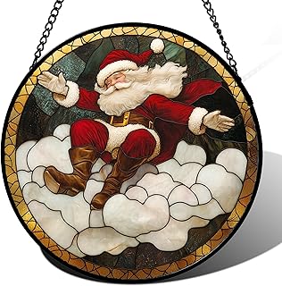 Sponsored Ad - Stained Glass Window Hanging - Red White Santa Claus Clouds Suncatcher for Doors Home Christmas Decoration ...
