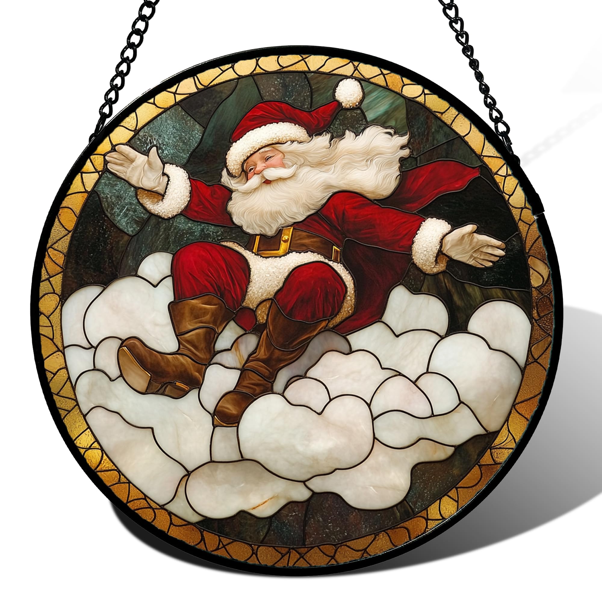 Stained Acrylic Puzzle Suncatcher,7.48in Red‑White Santa‑Claus‑Clouds Home Door Xmas Holiday Window Gift