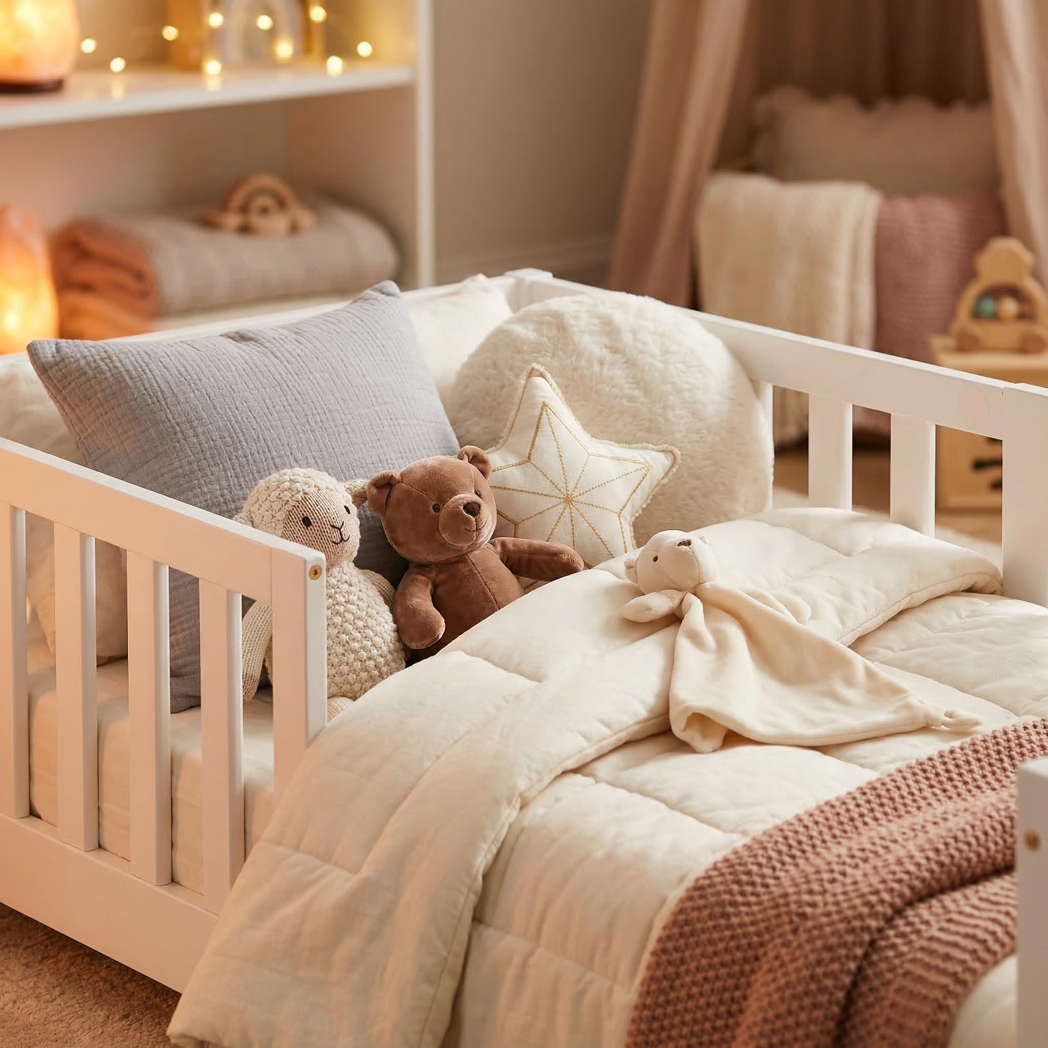 ecomi® Kinderbett 80x160 mit Rausfallschutz Bodenbett Kinder Bett mit Lattenrost für Kinder Kinderbetten für Mädchen und Jungen Massivholz Kiefer in Weiß