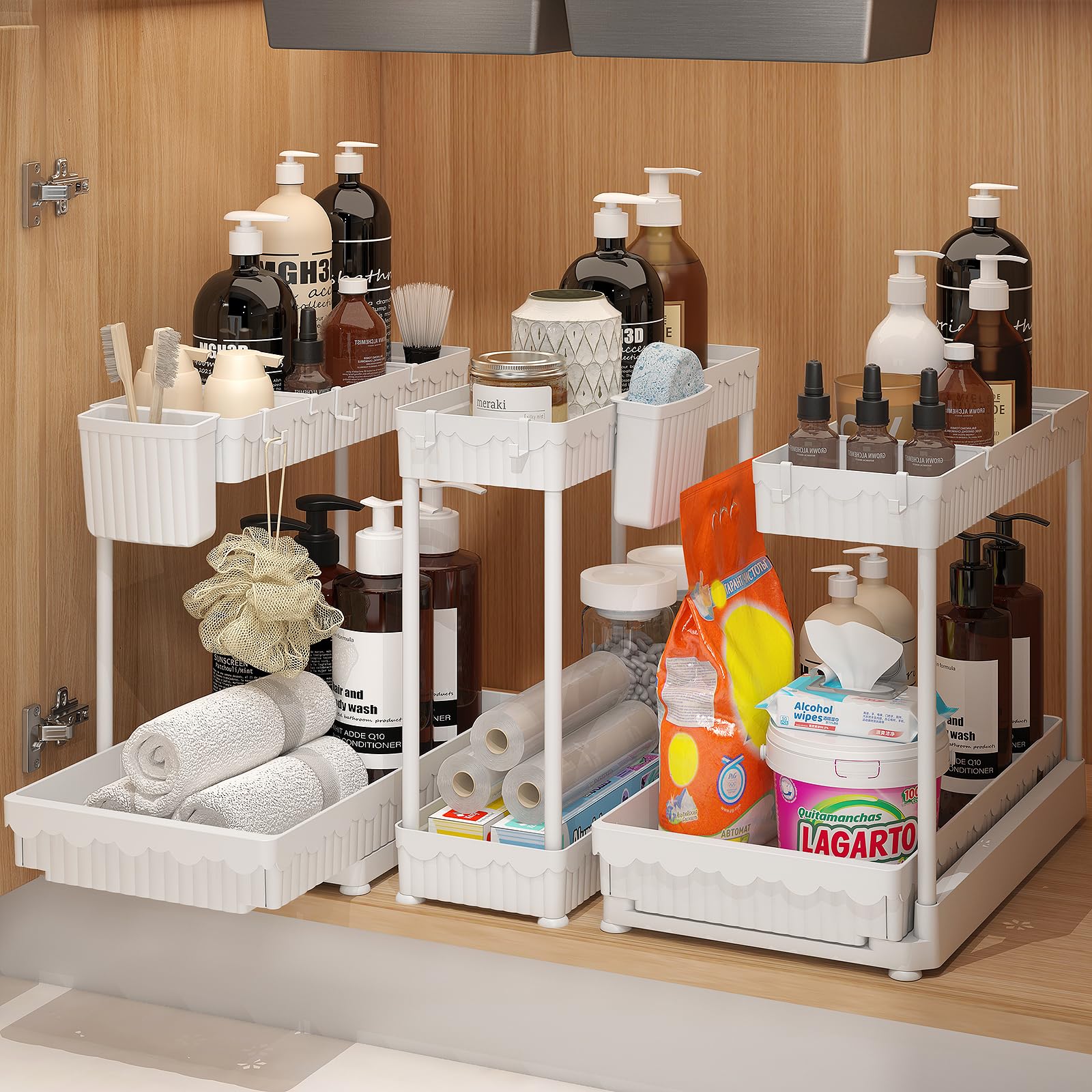 Under Sink Organizers and Storage L-Shaped, 2 Tier Sliding Bathroom Organizers with Hooks Hanging Cup, Multi-Purpose Cabinet Organizers for Kitchen Bathroom, White