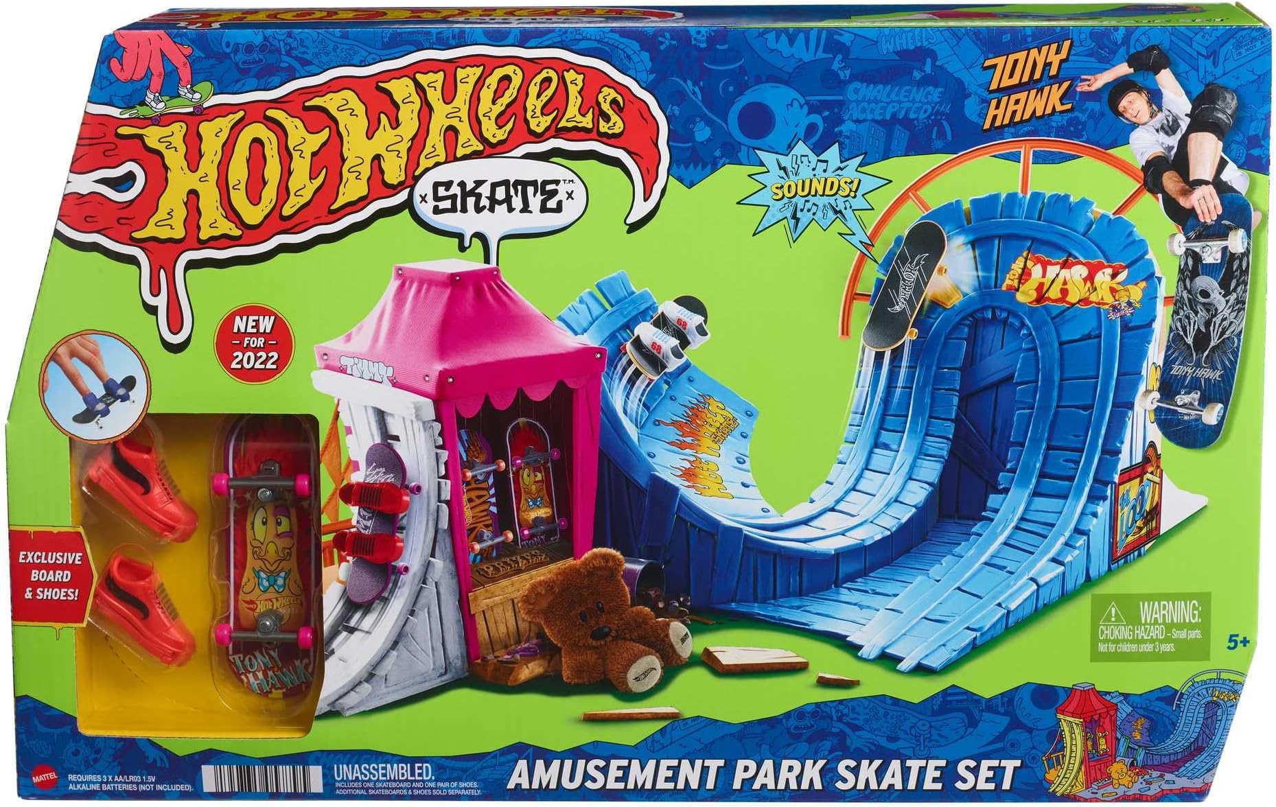 Skate Amusement Park Skate Set, with 1 Exclusive Tony Hawk Fingerboard & 1 Pair of Skate Shoes, Kid-Activated Sounds, Toy for Kids, HGT95
