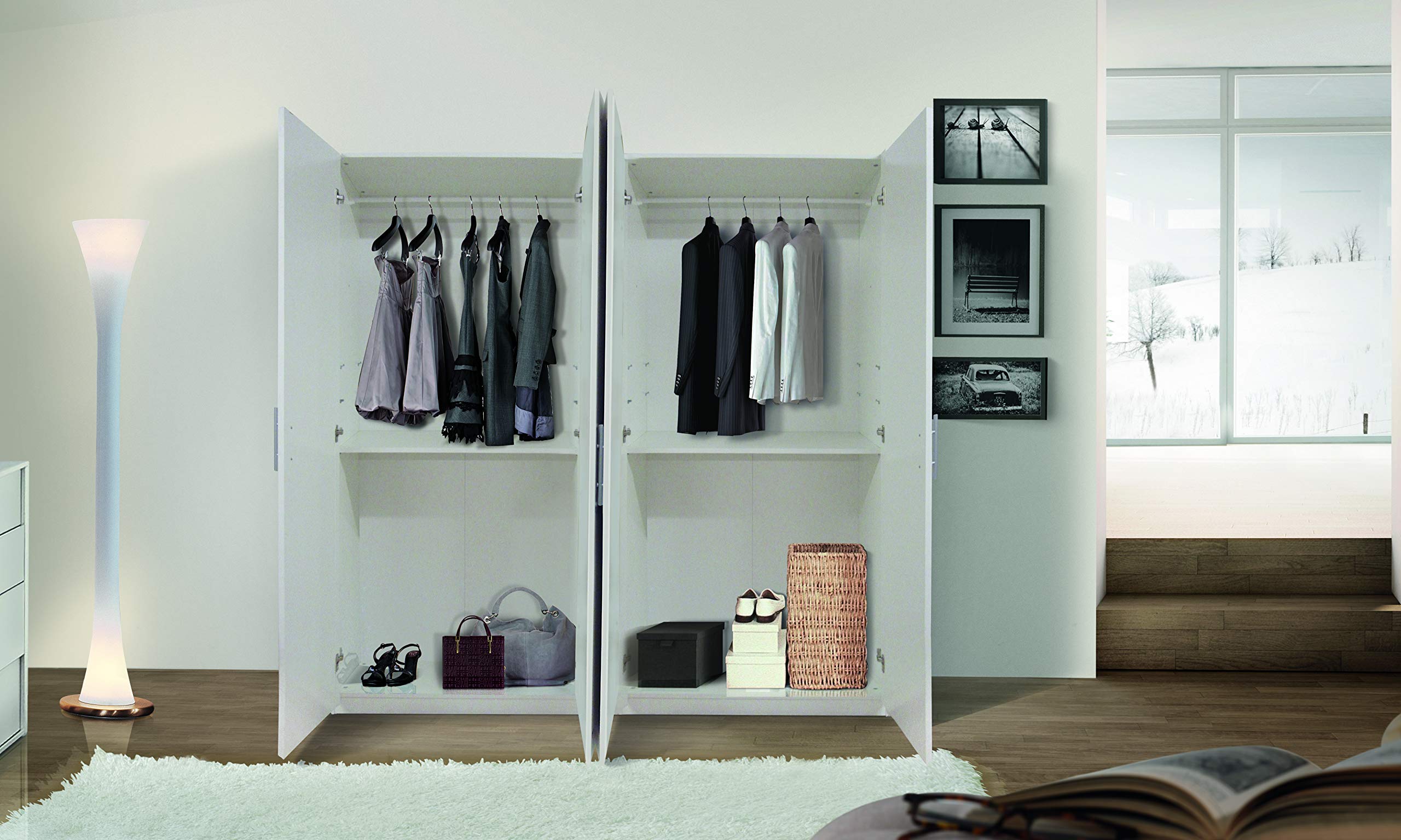 Dmora armadio 4 ante battenti,bianco opaco, cm 133x53x202, con tubo appendiabiti