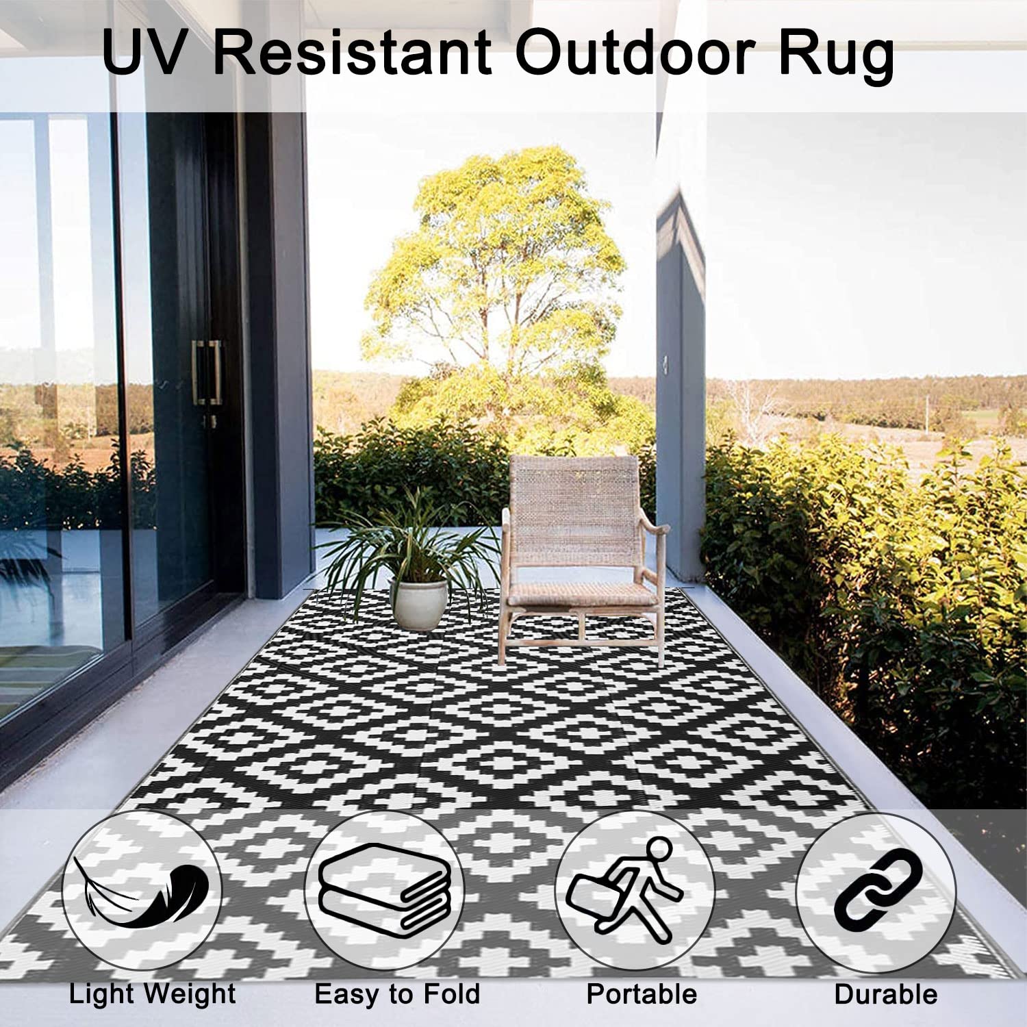 Homcomodar Outdoor tapijt voor patio Clearance 180 x 270 cm kunststof stro tapijt uv-bestendig campingmat waterdicht patio tapijt omkeerbare mat voor BBQpicknick balkon strand dek (zwart
