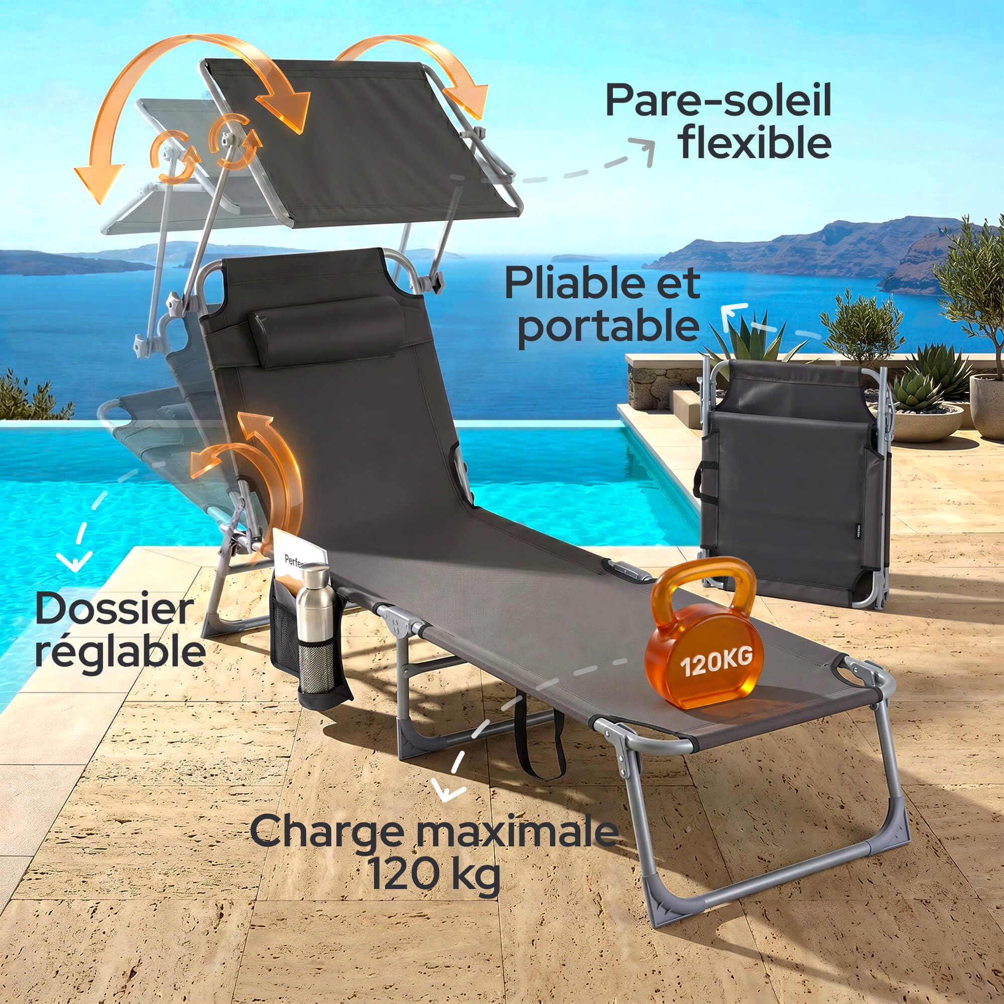 AREBOS 2X Bain de Soleil Pliable avec Pare-Soleil | Transat de Jardin avec Coussin & Poche Latérale | 4 Positions Réglables | Jusqu’à 120 kg | Anthracite