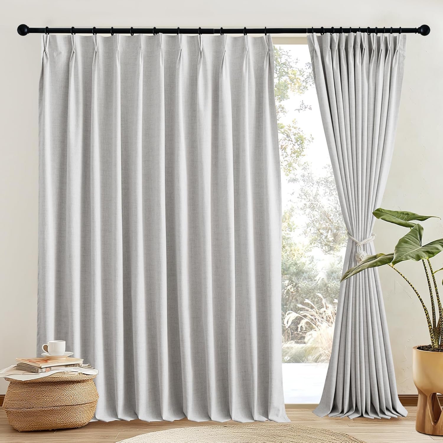 NICETOWN Natural Linen Curtains 100% Blackout for Sliding Glass Door 2 Panels W66 x L96, Pinch Pleated Linen Blend Window Treatments Sound Reducing Room Divider for Bedroom/Living Room