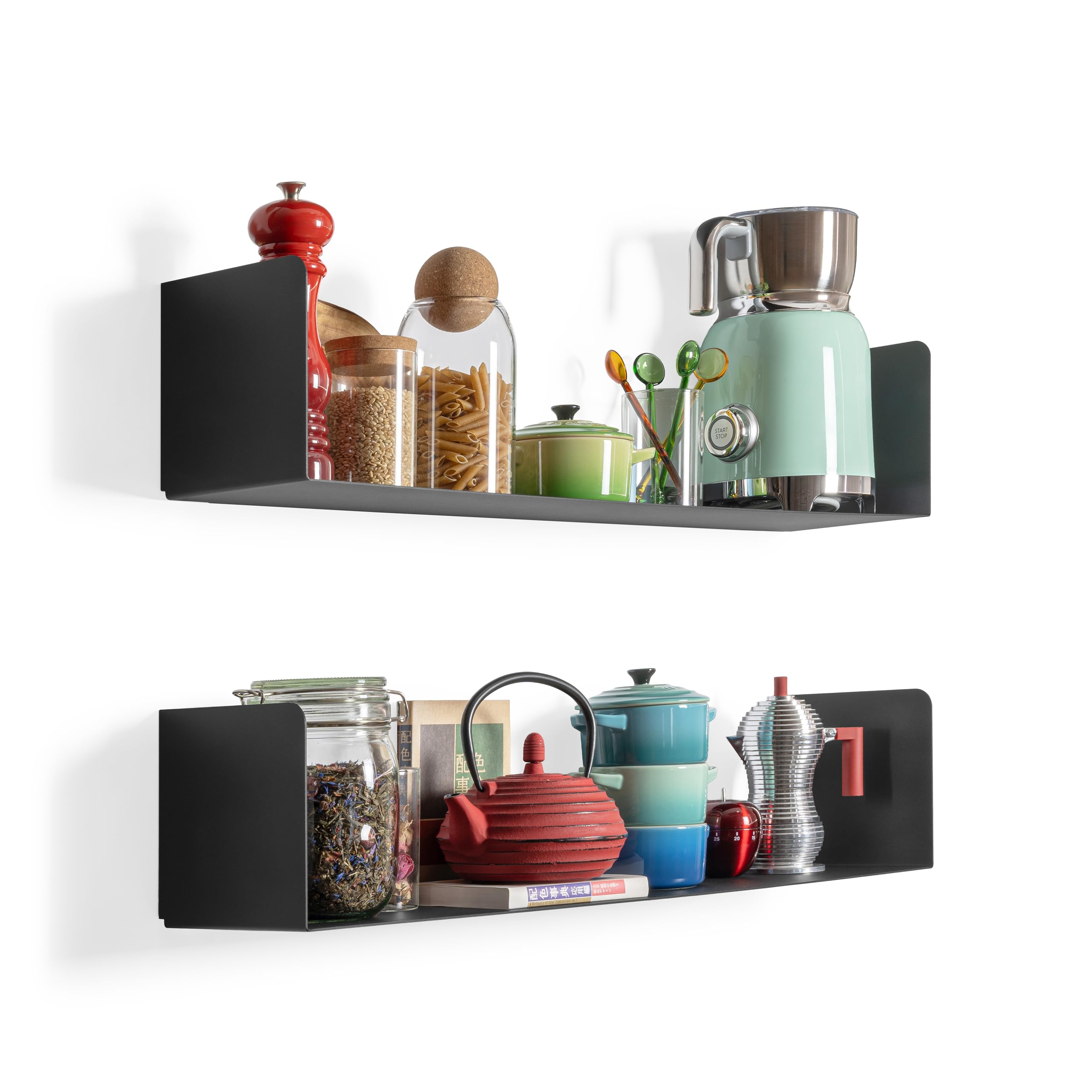 Lot 2 Etagere Murale Noir | 70x15 cm | 100% Acier | Fabriqué en Europe | Bibliothèque Murale | Etagere Noir | Etagere Murale Cuisine | Etagere Plante | Etagere Rangement Murale