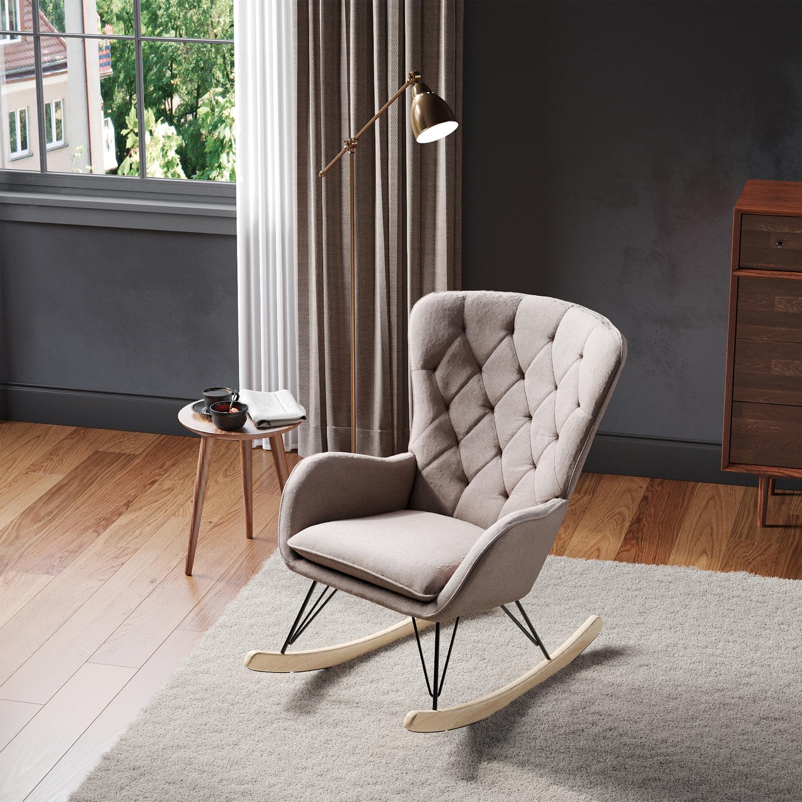 Warmiehomy Comfy Rocking Chair for Living Room Bedroom Office Relaxing Reading Nursing Chair Armchair with High Back Cozy Linen Fabric Rocking Occasional Tub Chairs, Brown