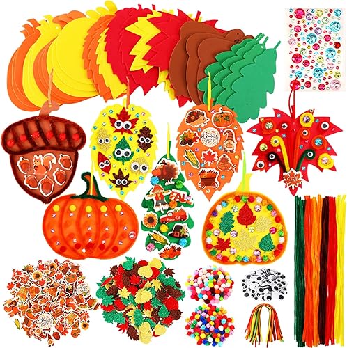 JULBEAR 700 piezas de espuma de calabaza de hoja de arce otoñal, calcomanías de espuma autoadhesivas con purpurina, kit de manualidades para fiestas