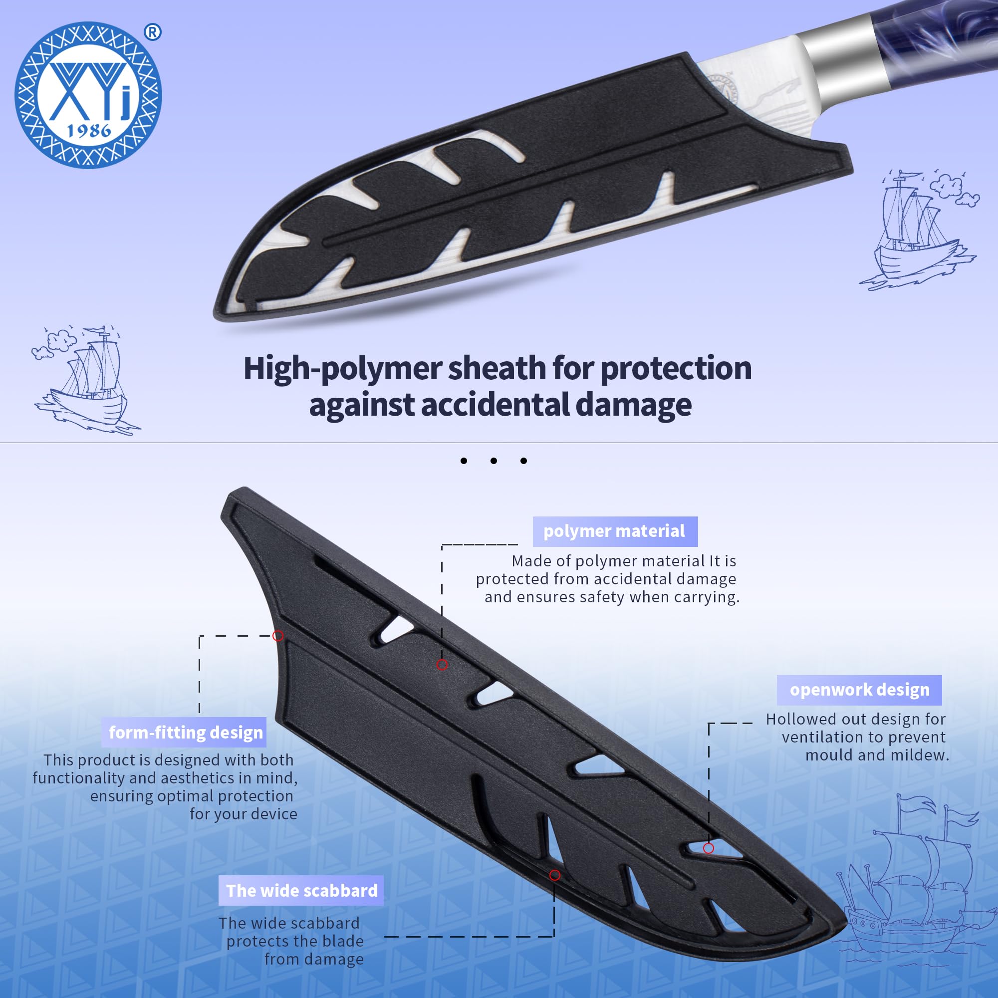 XYJ Coltello da Cucina Professionale, Coltello Santoku Giapponese da 5 Pollici in Acciaio Inossidabile, Motivo Laser Damacus, Coltello da Carne per Cucina, Campeggio e BBQ, Coltello con Coperchio