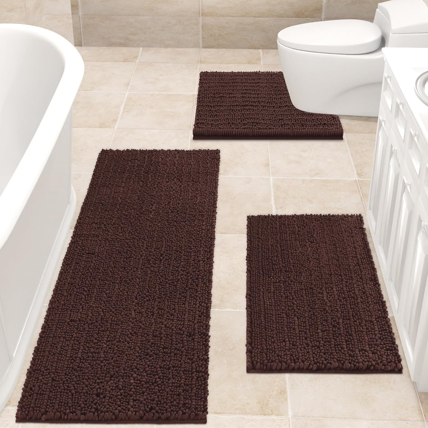 Upgrade Extra Large Brown Bathroom Rug Set 3 Pieces Ultra Soft, Thick
