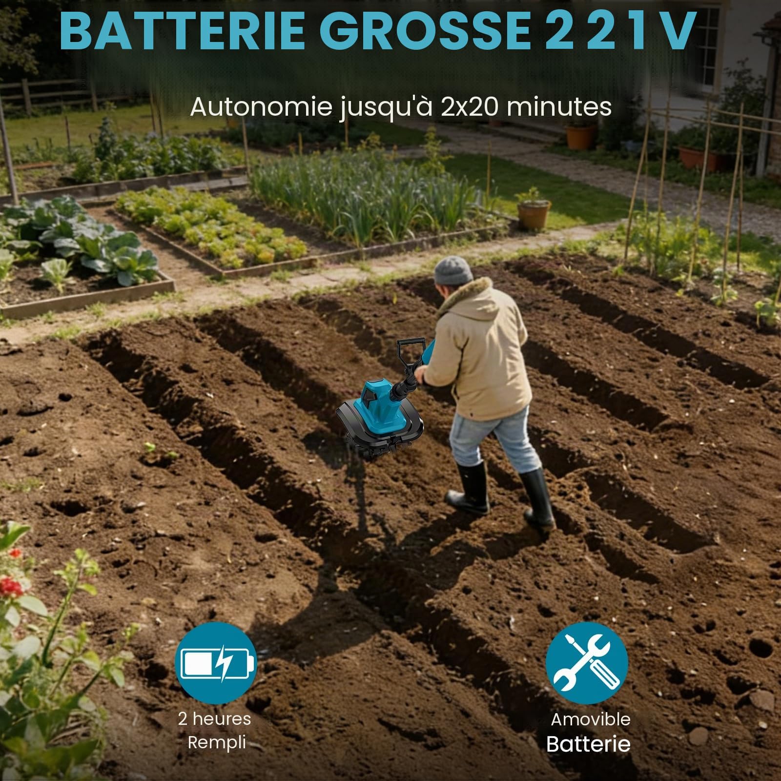 Motobineuse électrique sur Batterie 18 V, motobinatrice sans Fil, Largeur/Profondeur de Travail 10/25 cm, 360 TR/Min, Pliable, Tube télescopique, pour Jardin et Cours (1 Batterie)