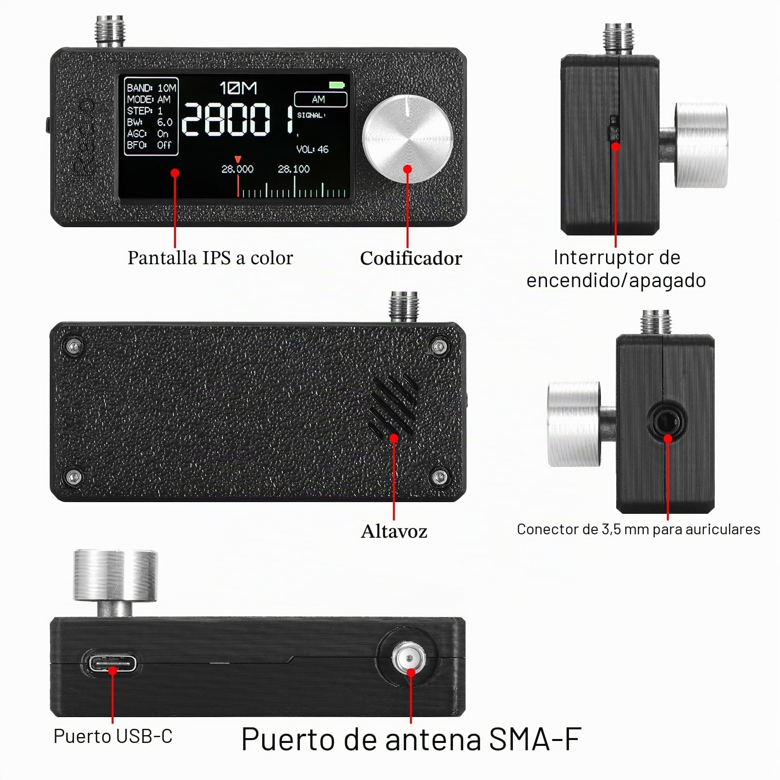 Raddy Mini Radio DSP Todo Banda con Chip Si4732, FM/SW/MW/VHF/CB con LSB/USB, Amplif. Auriculares, Tamaño Bolsillo Pantalla 1,9", Antenas Telescópica y Donut, Firmware Actualizable | Modos LSB/USB, pantalla a color de 1.9 pulgadas, amplificador de auricul