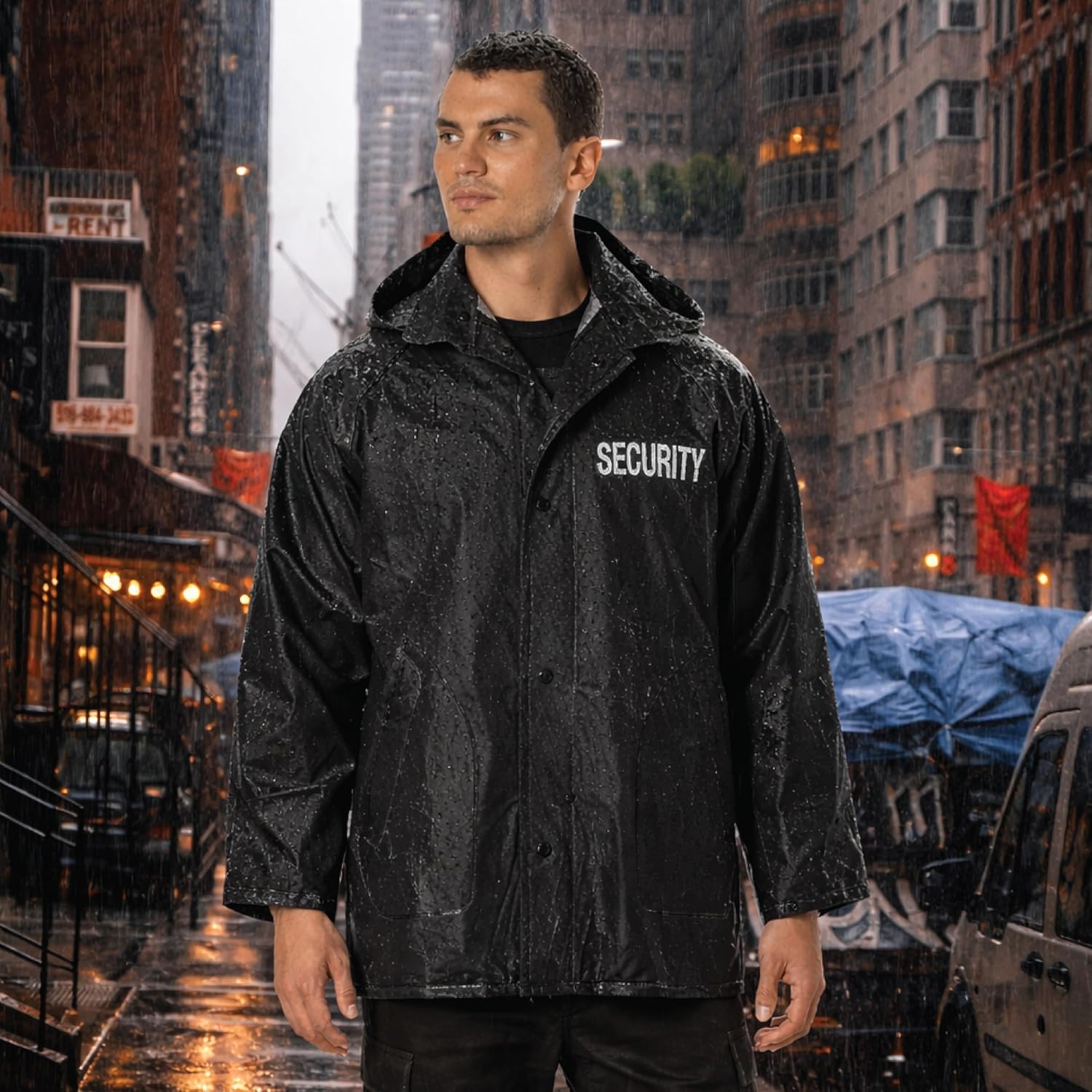 Rothco Security Rain Jacket - Water-Resistant Uniform Raincoat with Removable Hood for Men and Women